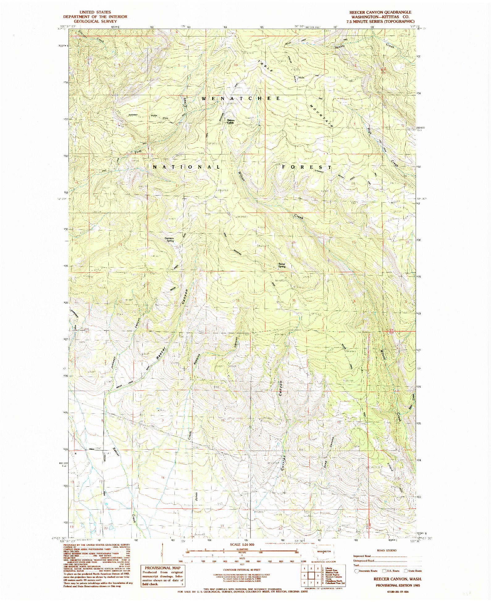 USGS 1:24000-SCALE QUADRANGLE FOR REECER CANYON, WA 1985