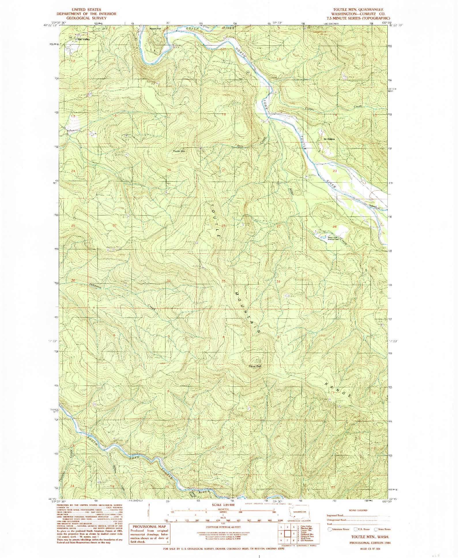 USGS 1:24000-SCALE QUADRANGLE FOR TOUTLE MTN, WA 1984