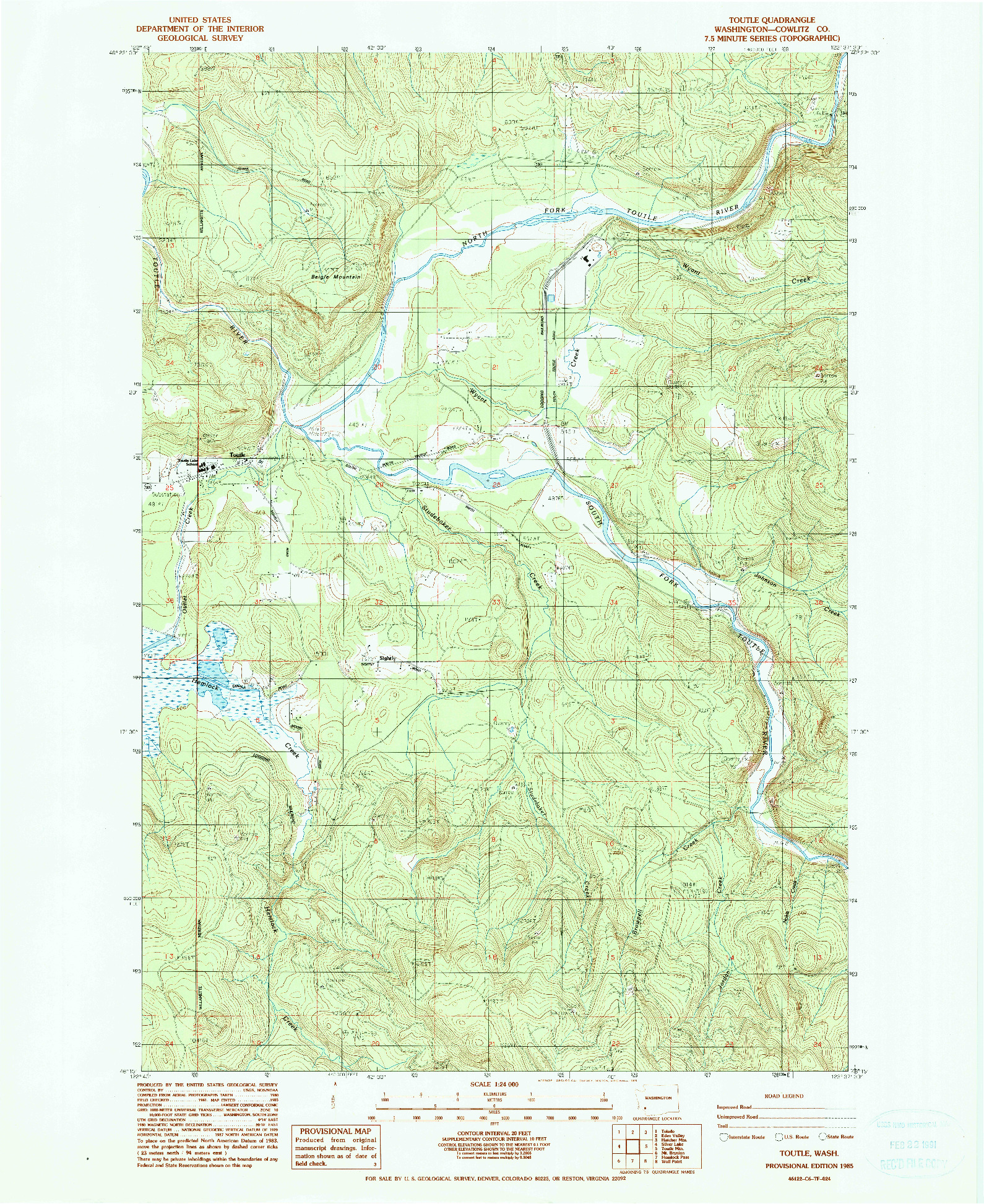 USGS 1:24000-SCALE QUADRANGLE FOR TOUTLE, WA 1985