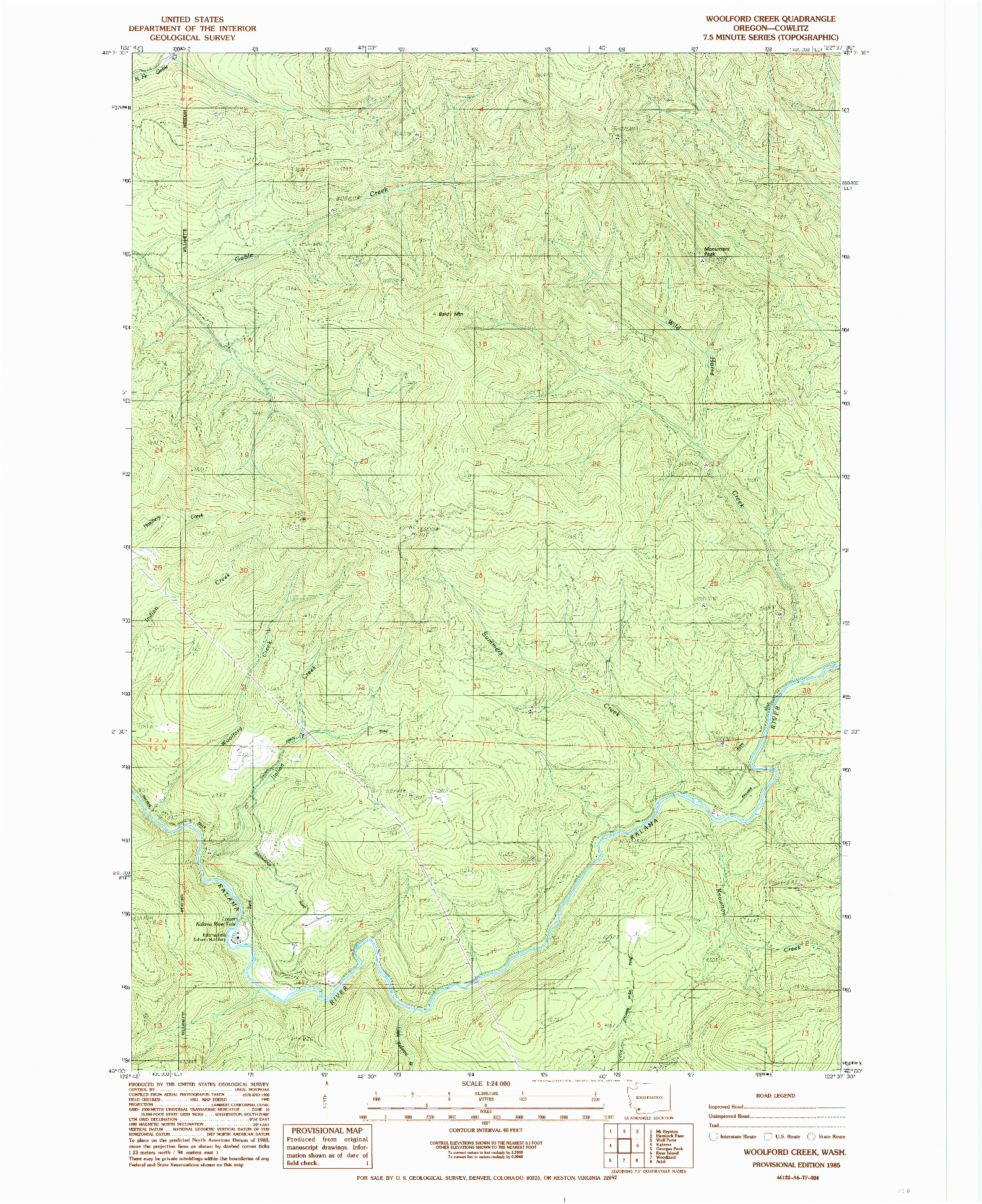 USGS 1:24000-SCALE QUADRANGLE FOR WOOLFORD CREEK, WA 1985