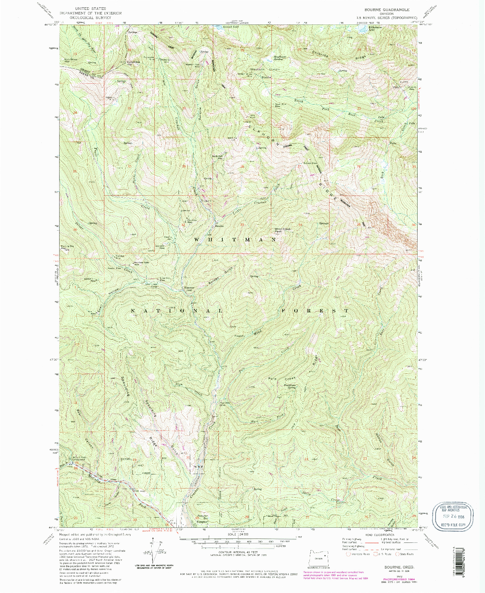 USGS 1:24000-SCALE QUADRANGLE FOR BOURNE, OR 1972