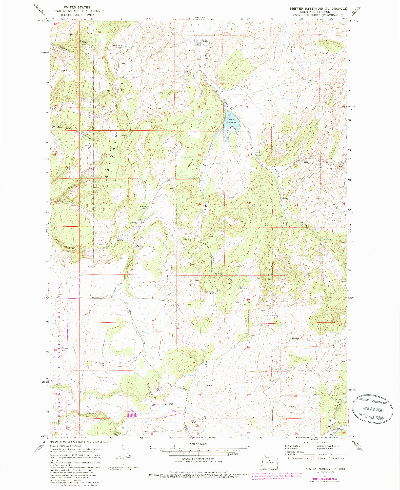 USGS 1:24000-SCALE QUADRANGLE FOR BREWER RESERVOIR, OR 1969