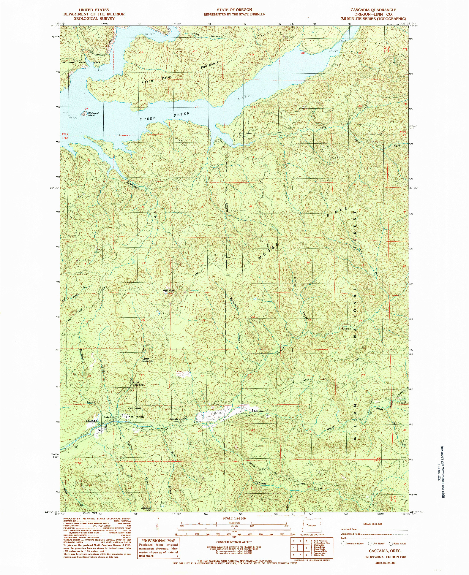 USGS 1:24000-SCALE QUADRANGLE FOR CASCADIA, OR 1985