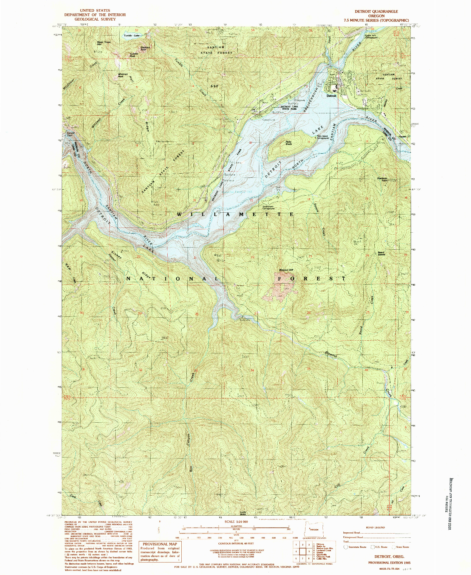 USGS 1:24000-SCALE QUADRANGLE FOR DETROIT, OR 1985
