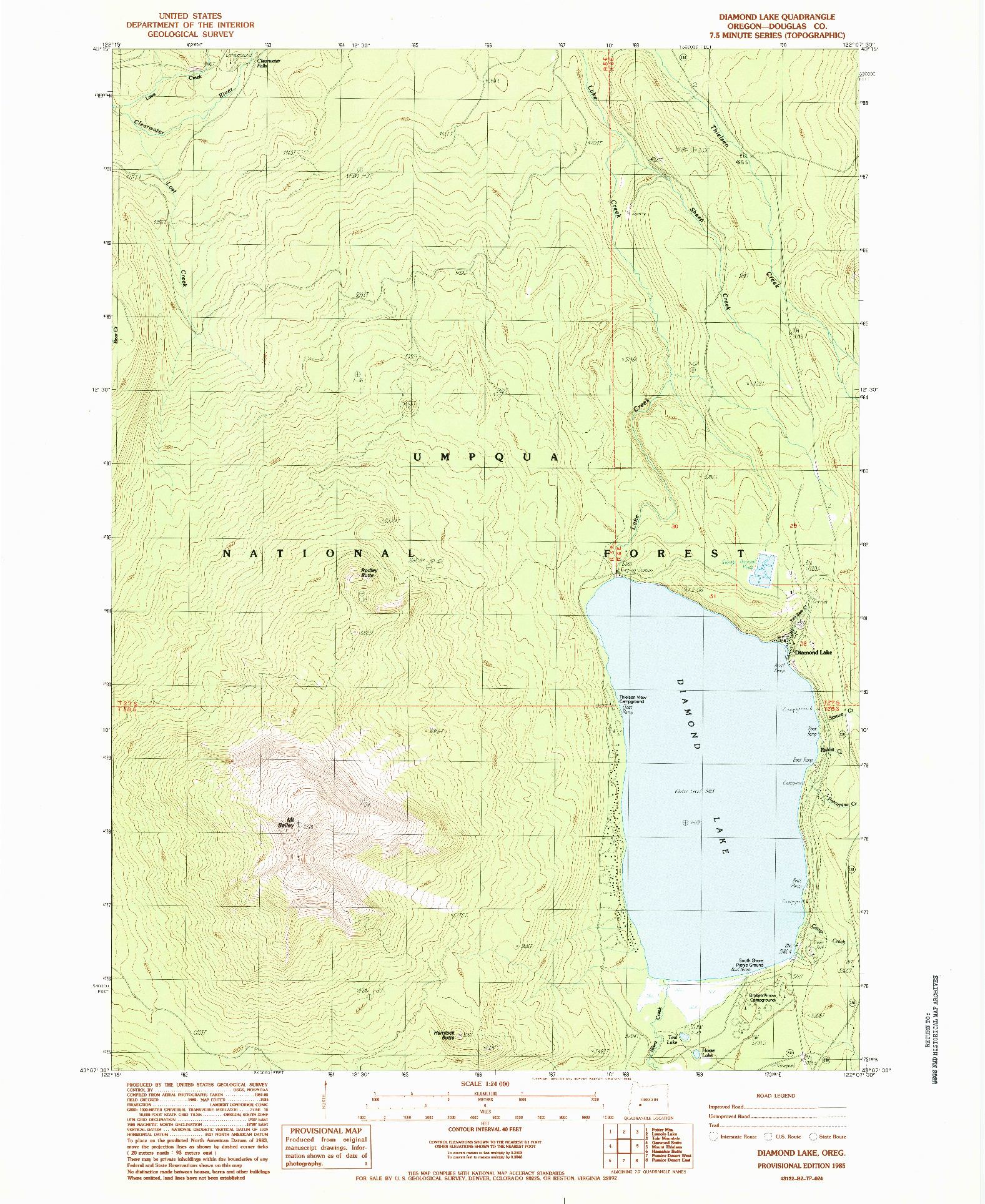 USGS 1:24000-SCALE QUADRANGLE FOR DIAMOND LAKE, OR 1985