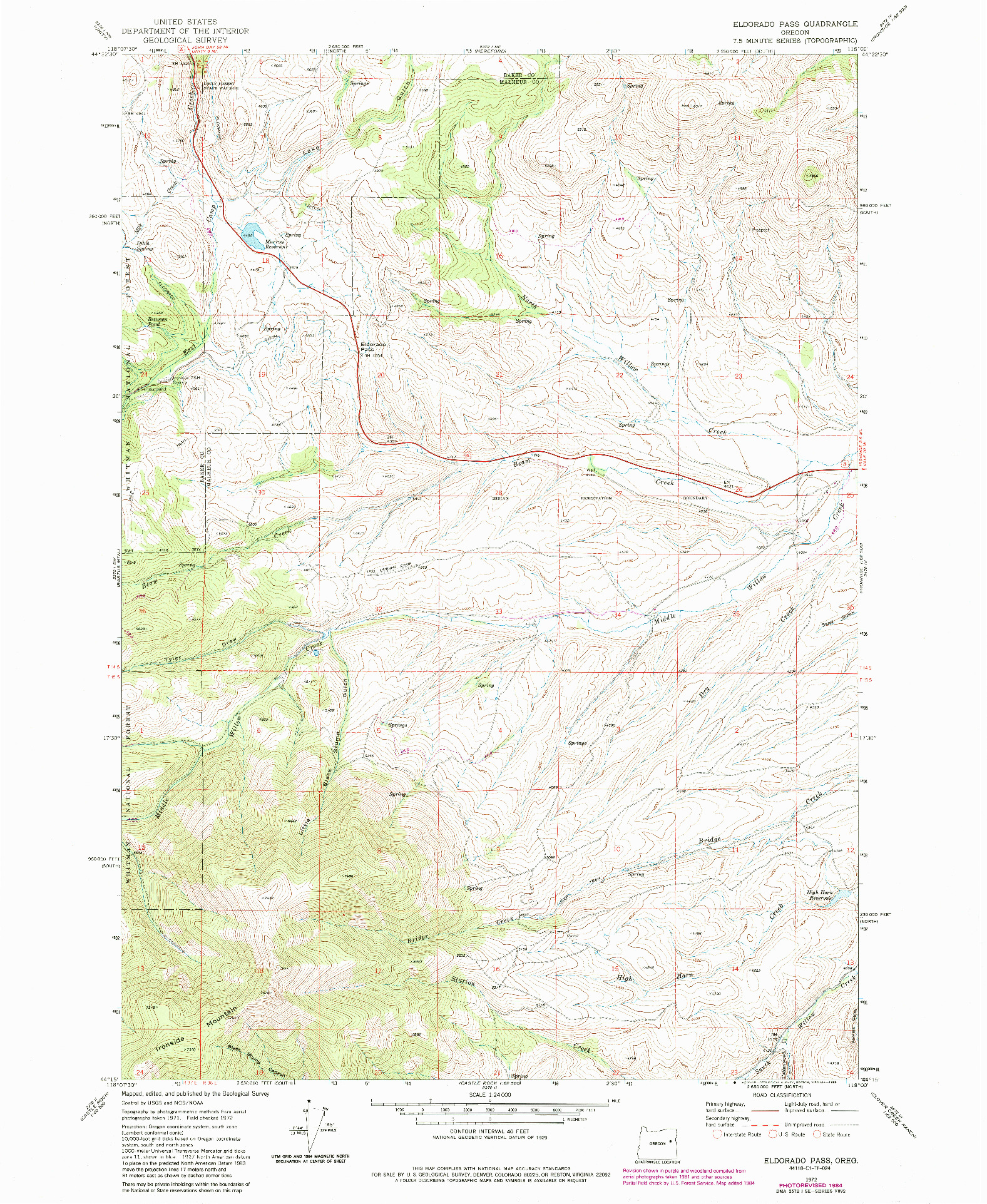 USGS 1:24000-SCALE QUADRANGLE FOR ELDORADO PASS, OR 1972