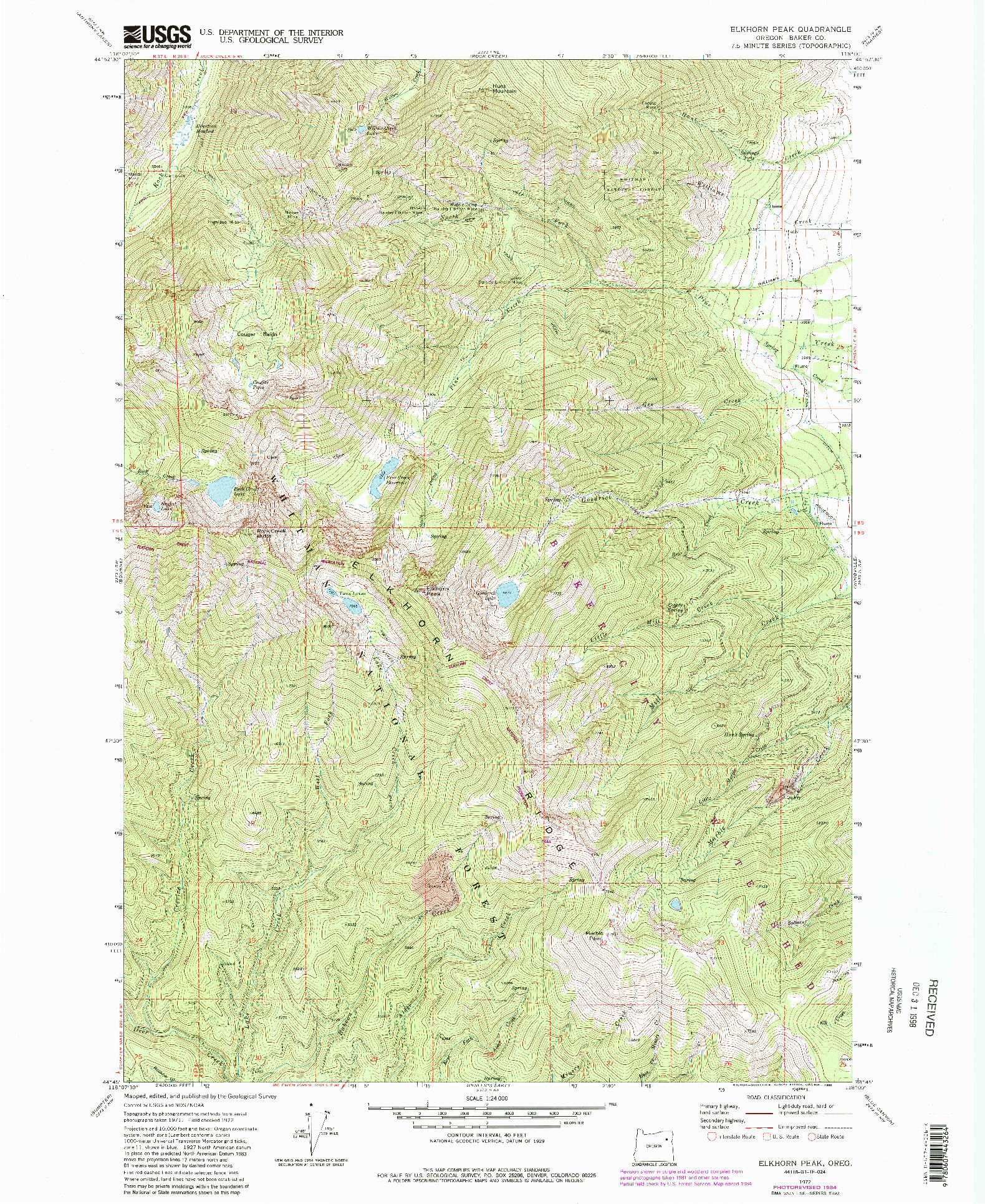 USGS 1:24000-SCALE QUADRANGLE FOR ELKHORN PEAK, OR 1972