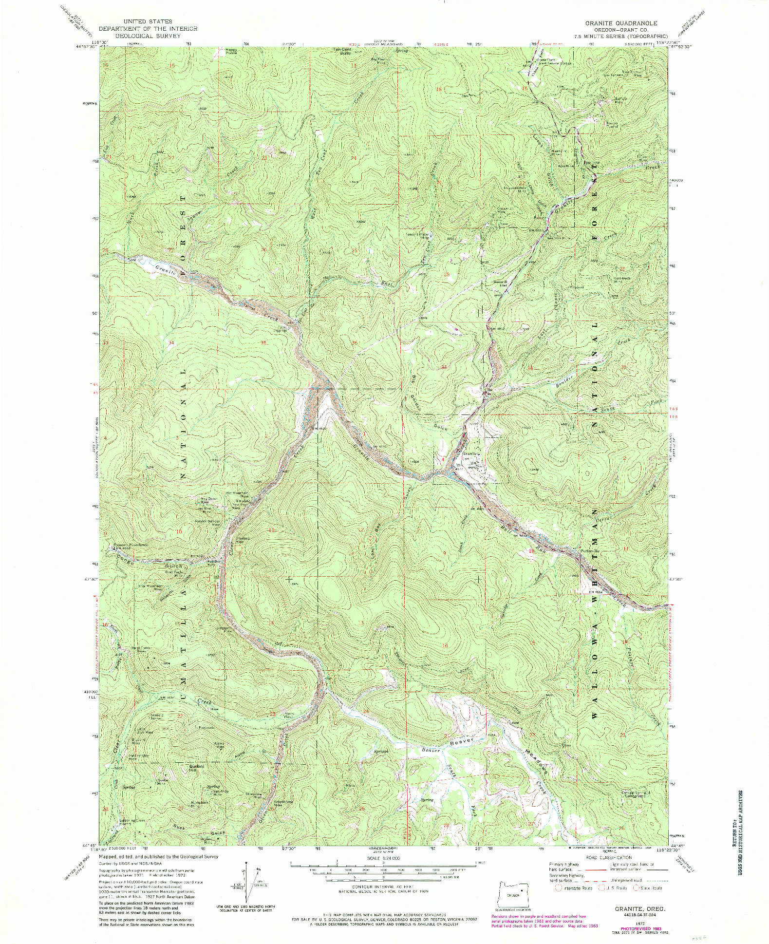 USGS 1:24000-SCALE QUADRANGLE FOR GRANITE, OR 1972