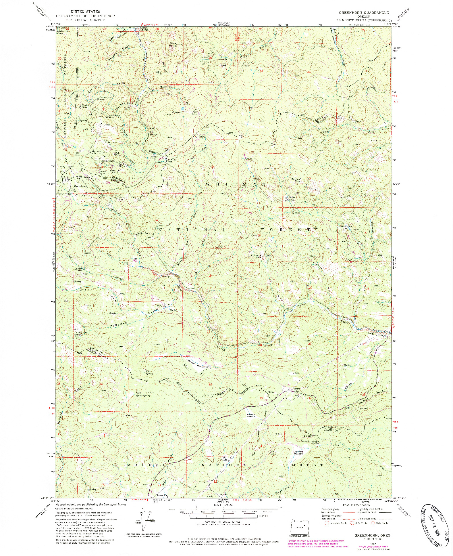 USGS 1:24000-SCALE QUADRANGLE FOR GREENHORN, OR 1972