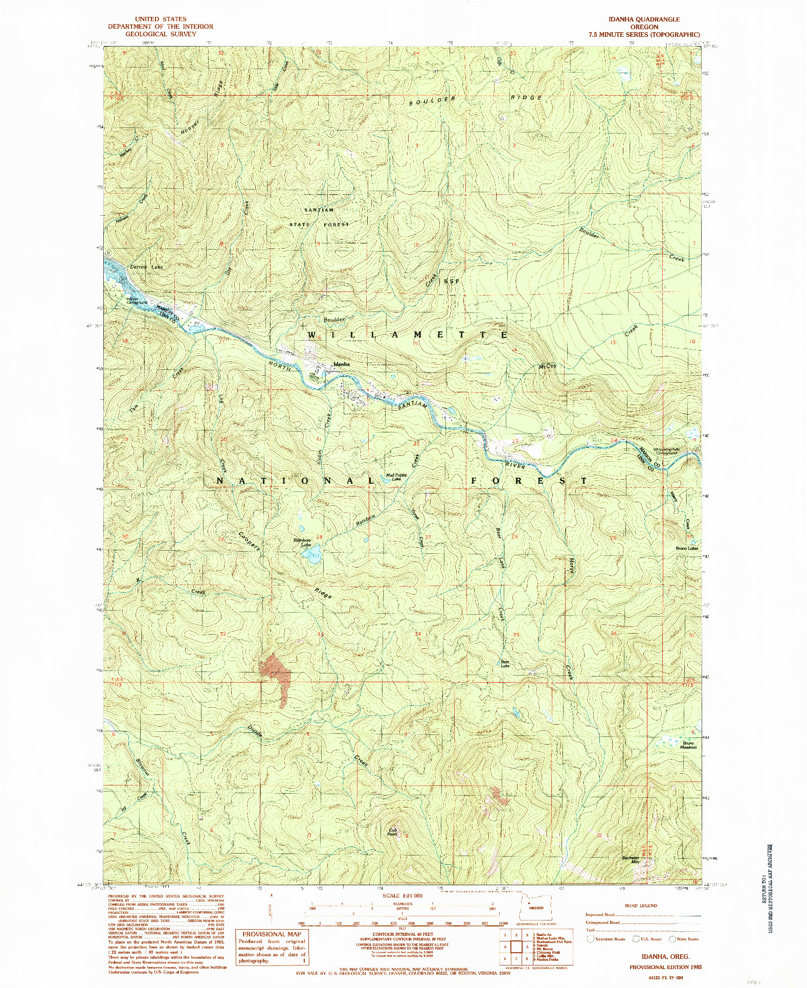 USGS 1:24000-SCALE QUADRANGLE FOR IDANHA, OR 1985