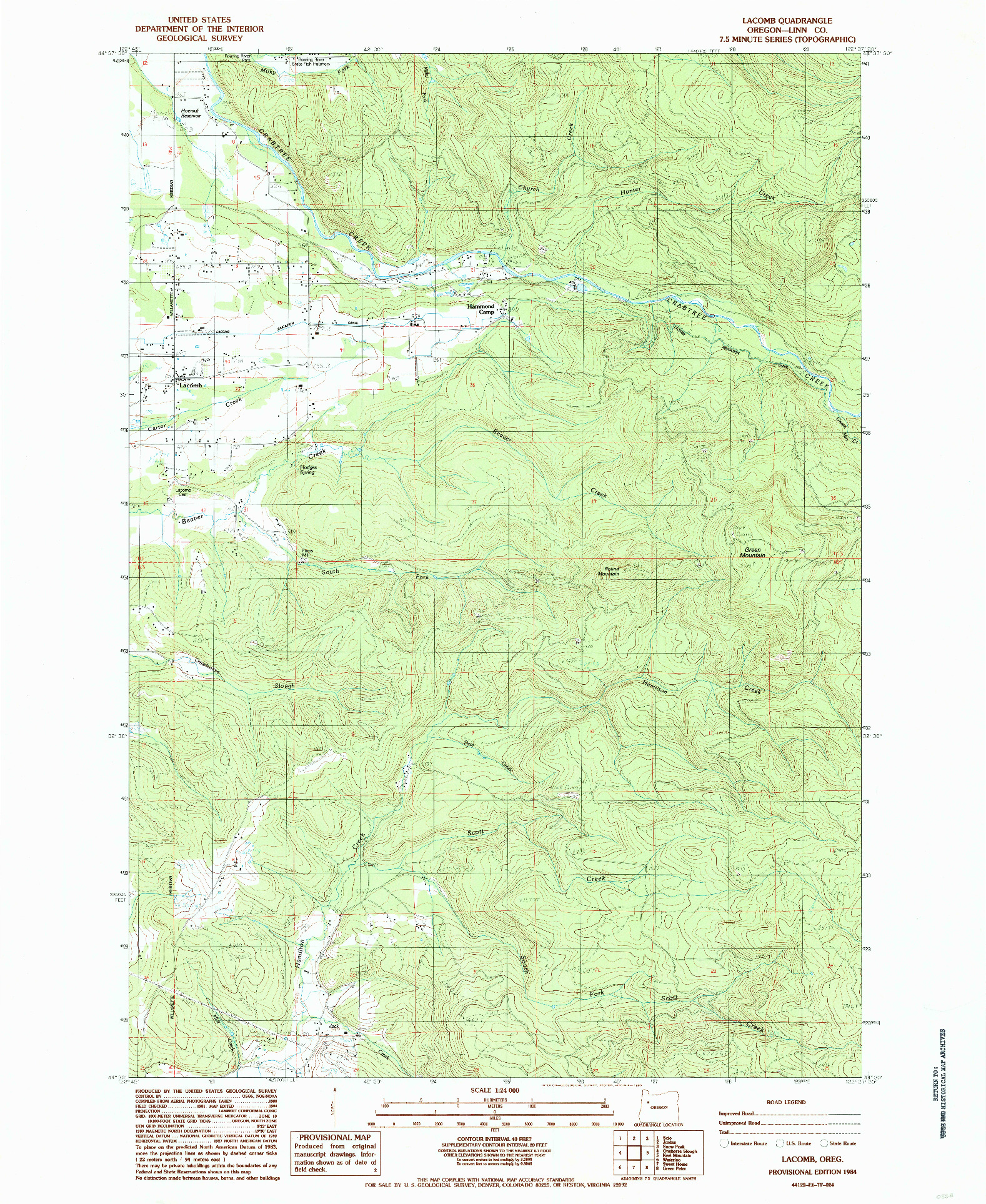 USGS 1:24000-SCALE QUADRANGLE FOR LACOMB, OR 1984