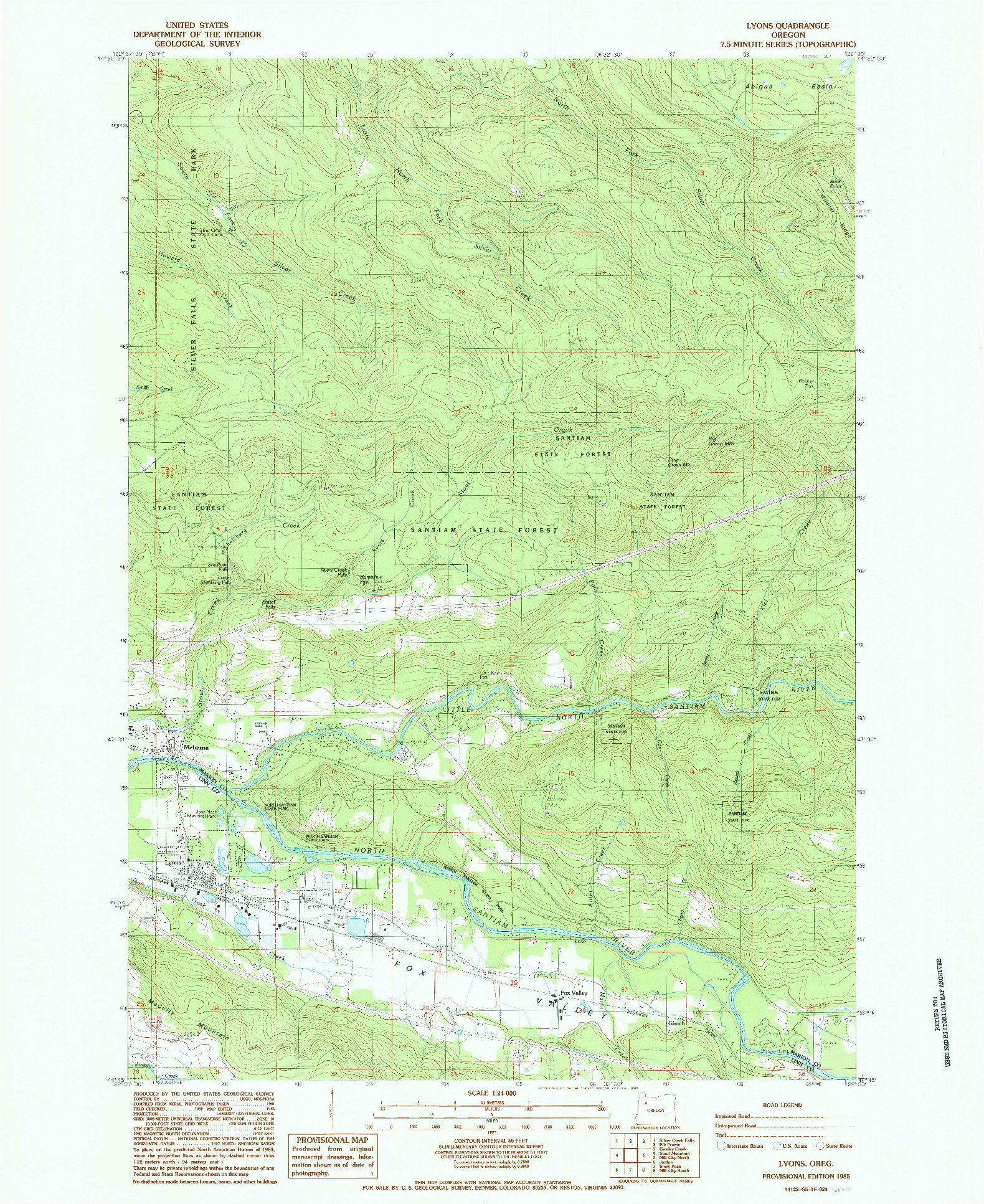USGS 1:24000-SCALE QUADRANGLE FOR LYONS, OR 1985