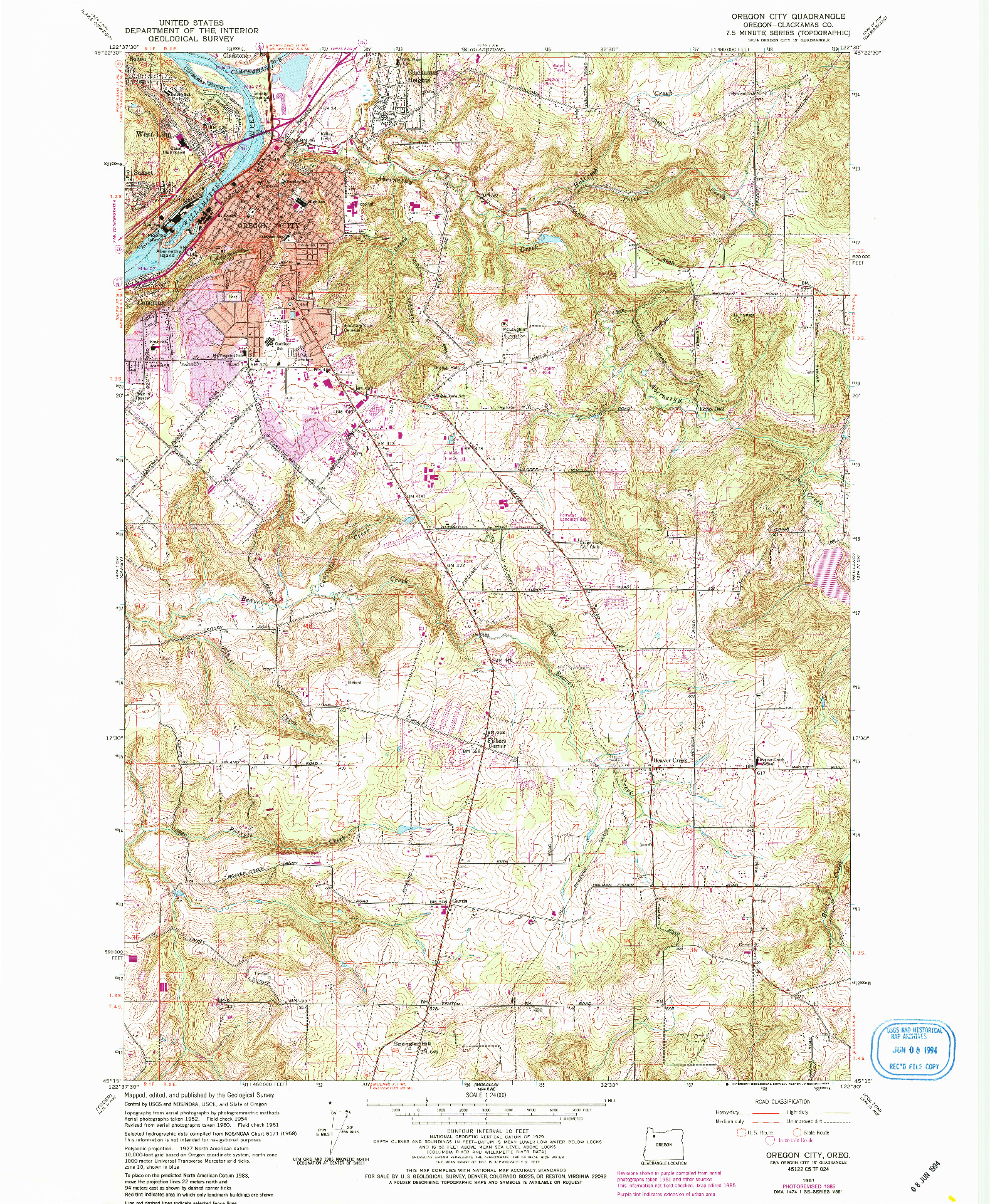USGS 1:24000-SCALE QUADRANGLE FOR OREGON CITY, OR 1961