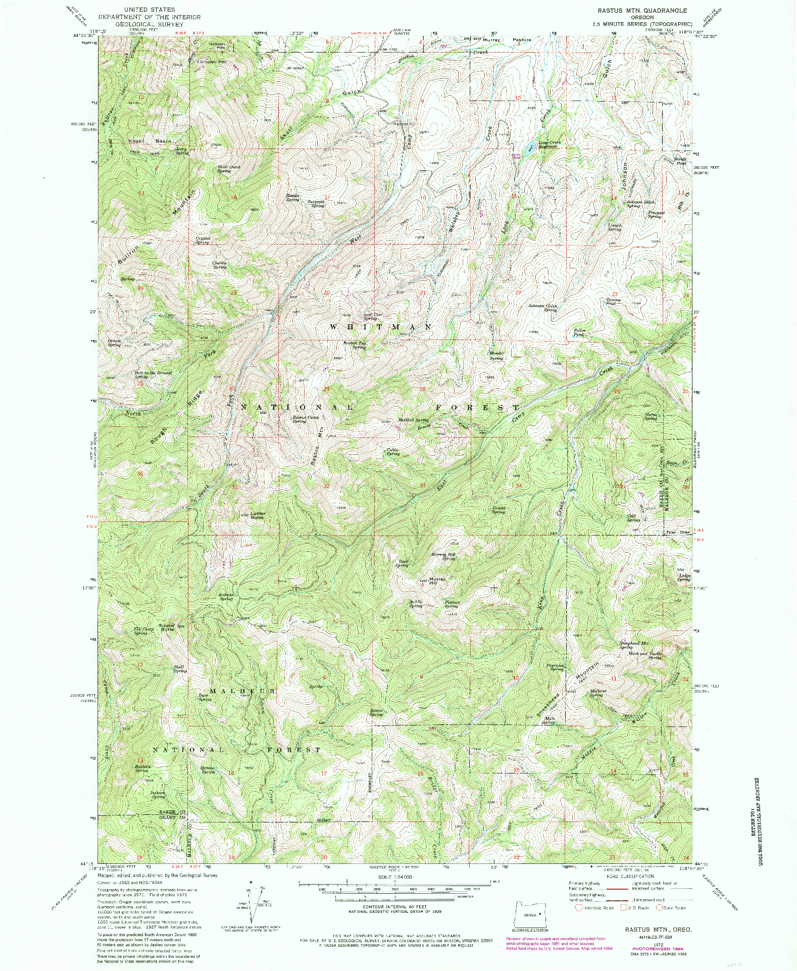 USGS 1:24000-SCALE QUADRANGLE FOR RASTUS MTN, OR 1972