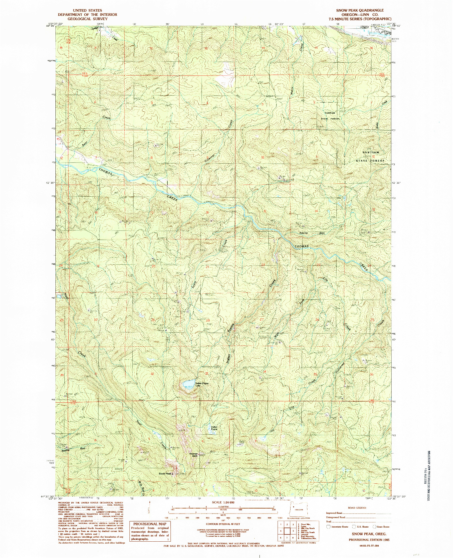 USGS 1:24000-SCALE QUADRANGLE FOR SNOW PEAK, OR 1985