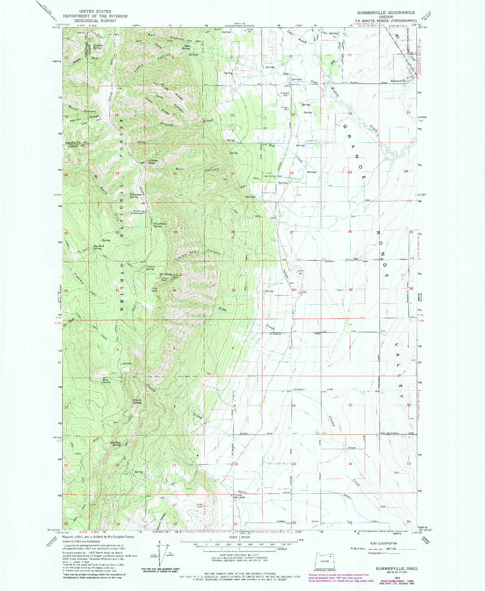 USGS 1:24000-SCALE QUADRANGLE FOR SUMMERVILLE, OR 1963