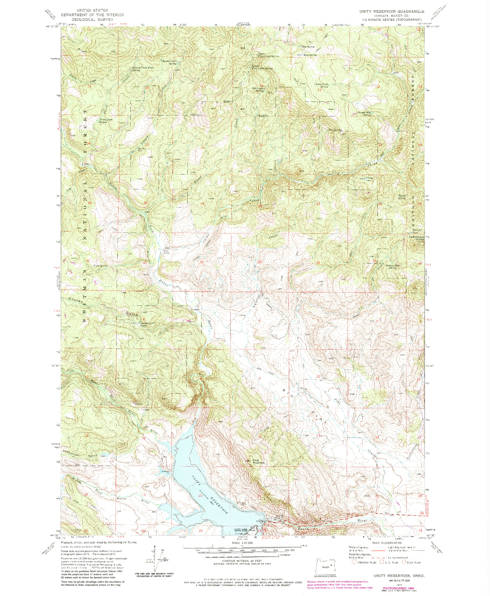 USGS 1:24000-SCALE QUADRANGLE FOR UNITY RESERVOIR, OR 1972