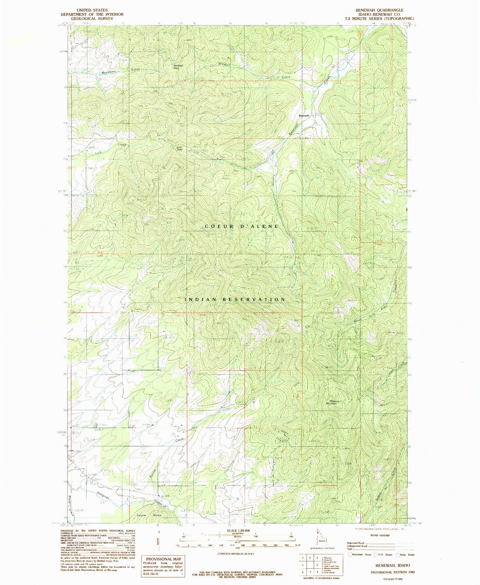 USGS 1:24000-SCALE QUADRANGLE FOR BENEWAH, ID 1985