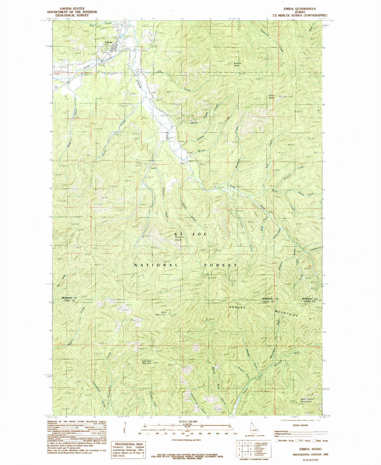USGS 1:24000-SCALE QUADRANGLE FOR EMIDA, ID 1985