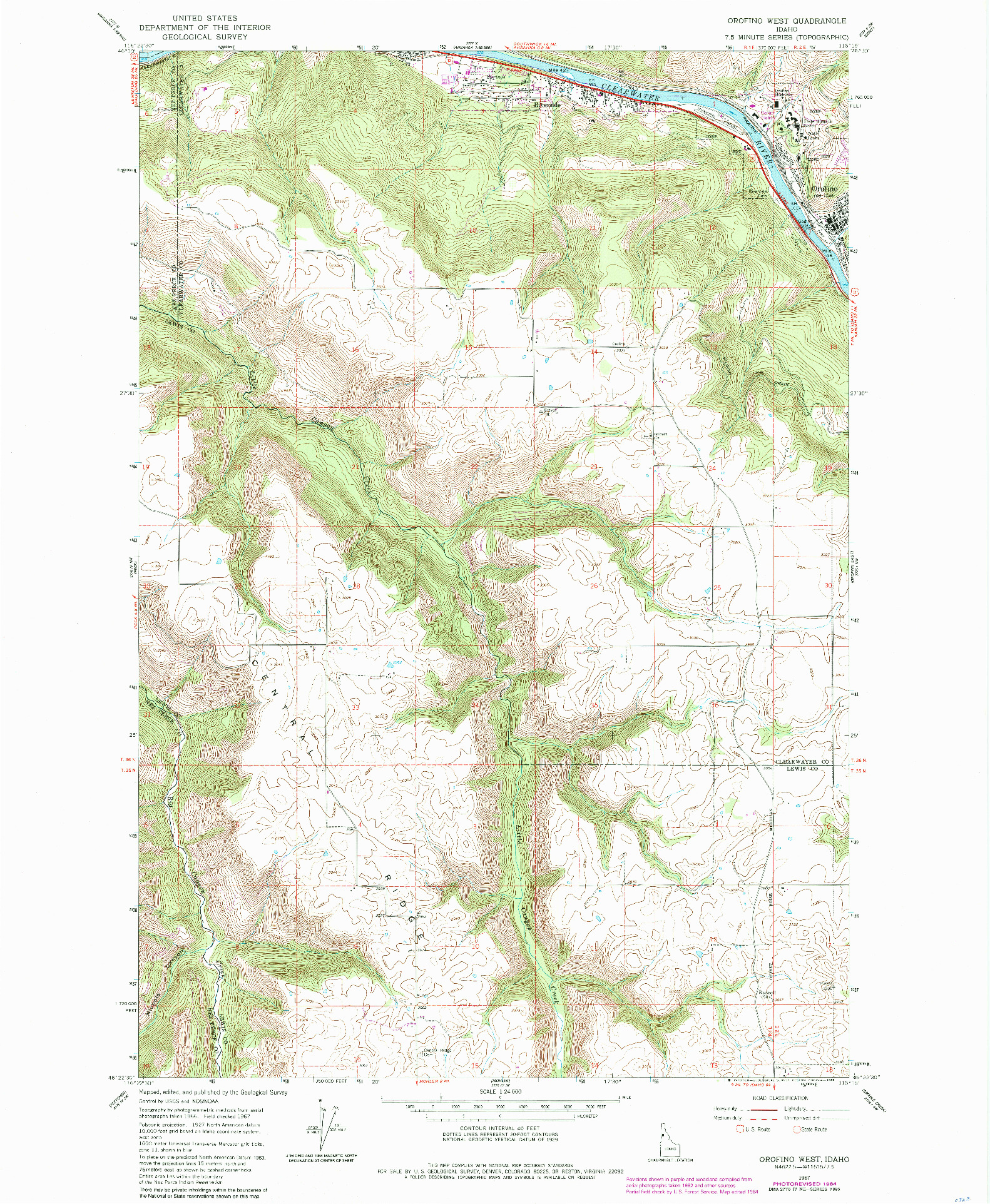 USGS 1:24000-SCALE QUADRANGLE FOR OROFINO WEST, ID 1984