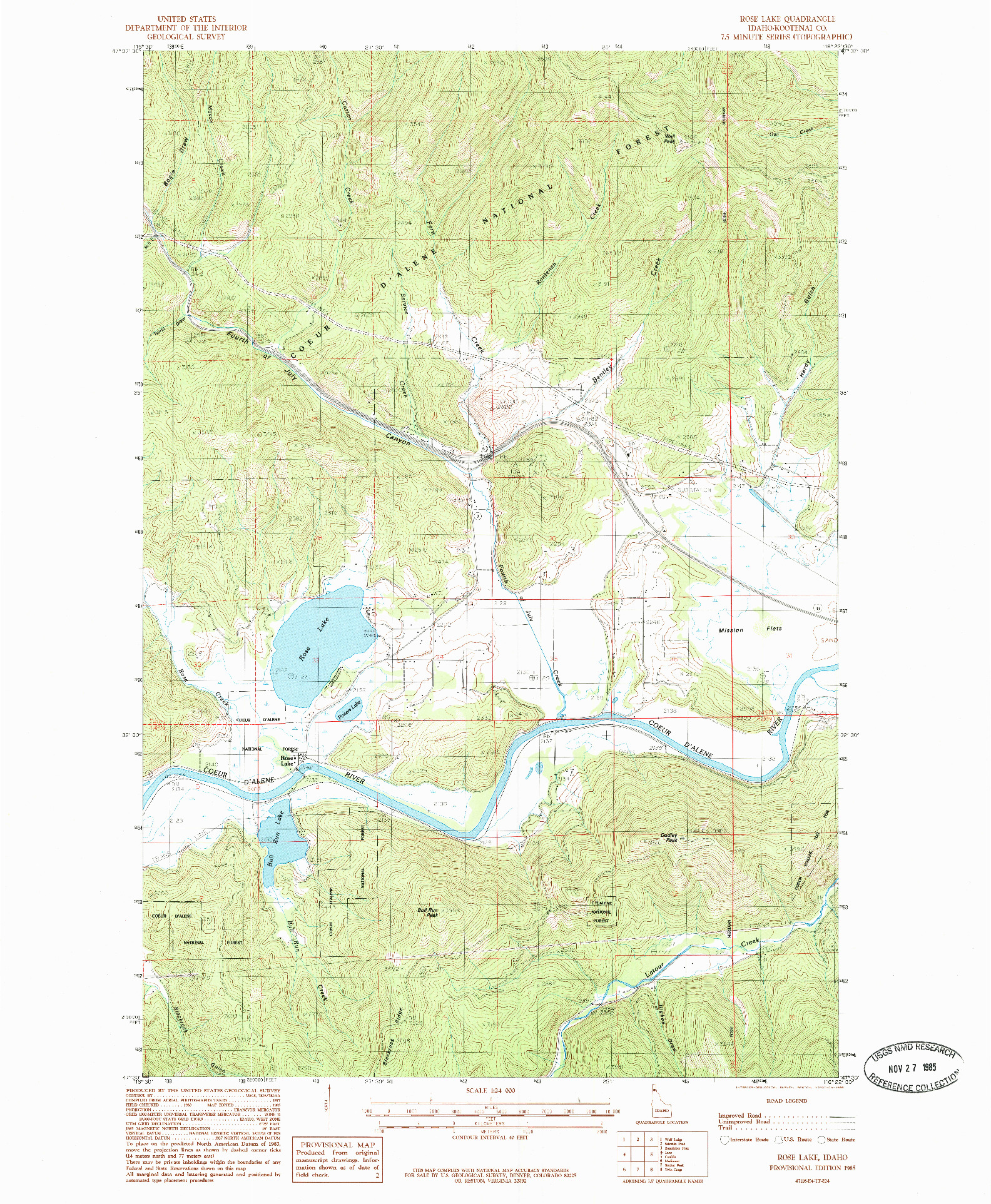 USGS 1:24000-SCALE QUADRANGLE FOR ROSE LAKE, ID 1985