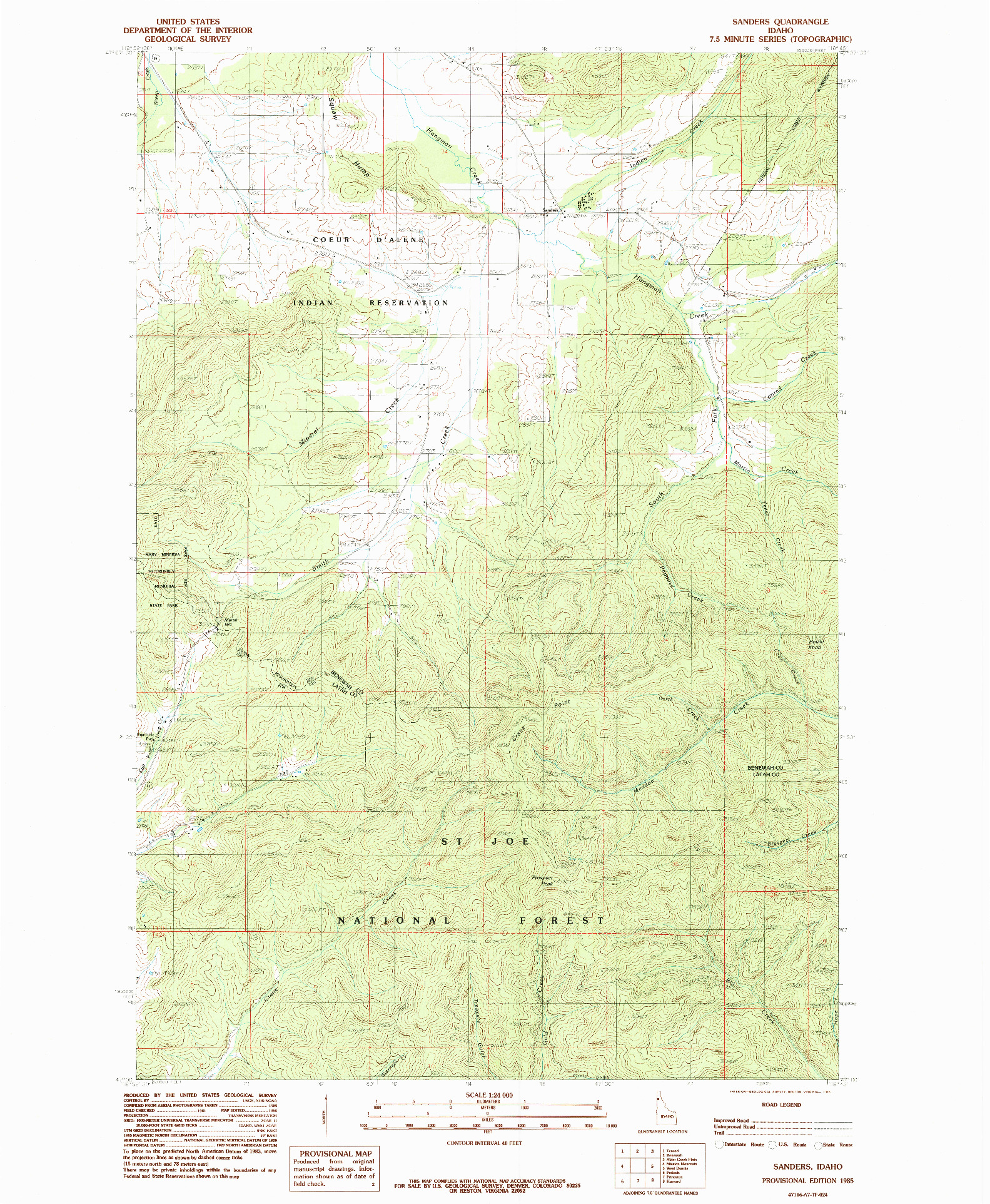 USGS 1:24000-SCALE QUADRANGLE FOR SANDERS, ID 1985