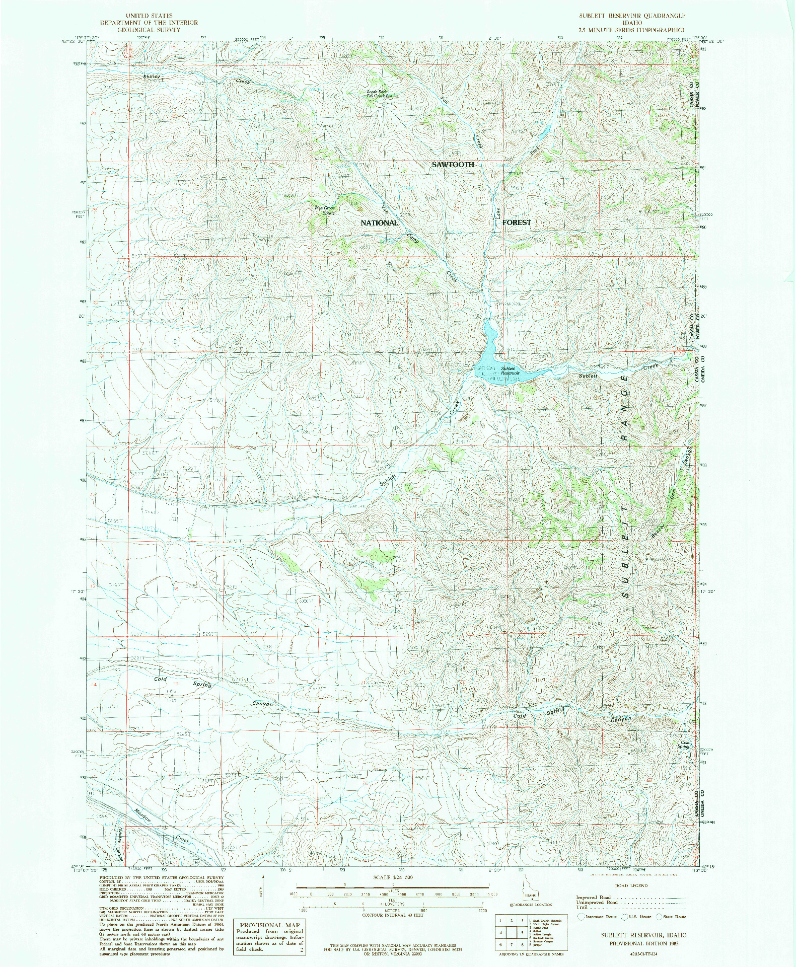 USGS 1:24000-SCALE QUADRANGLE FOR SUBLETT RESERVOIR, ID 1985