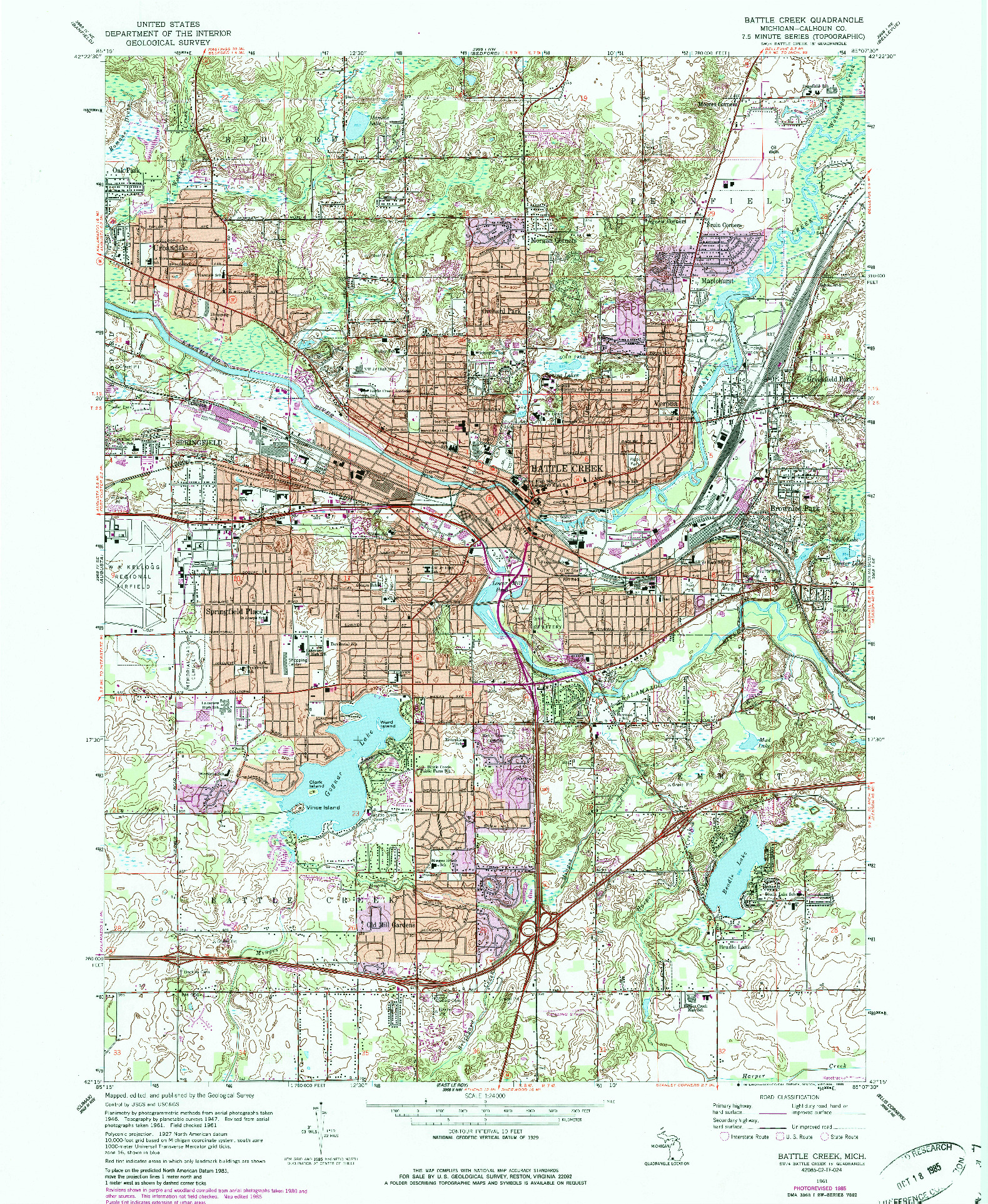 USGS 1:24000-SCALE QUADRANGLE FOR BATTLE CREEK, MI 1961