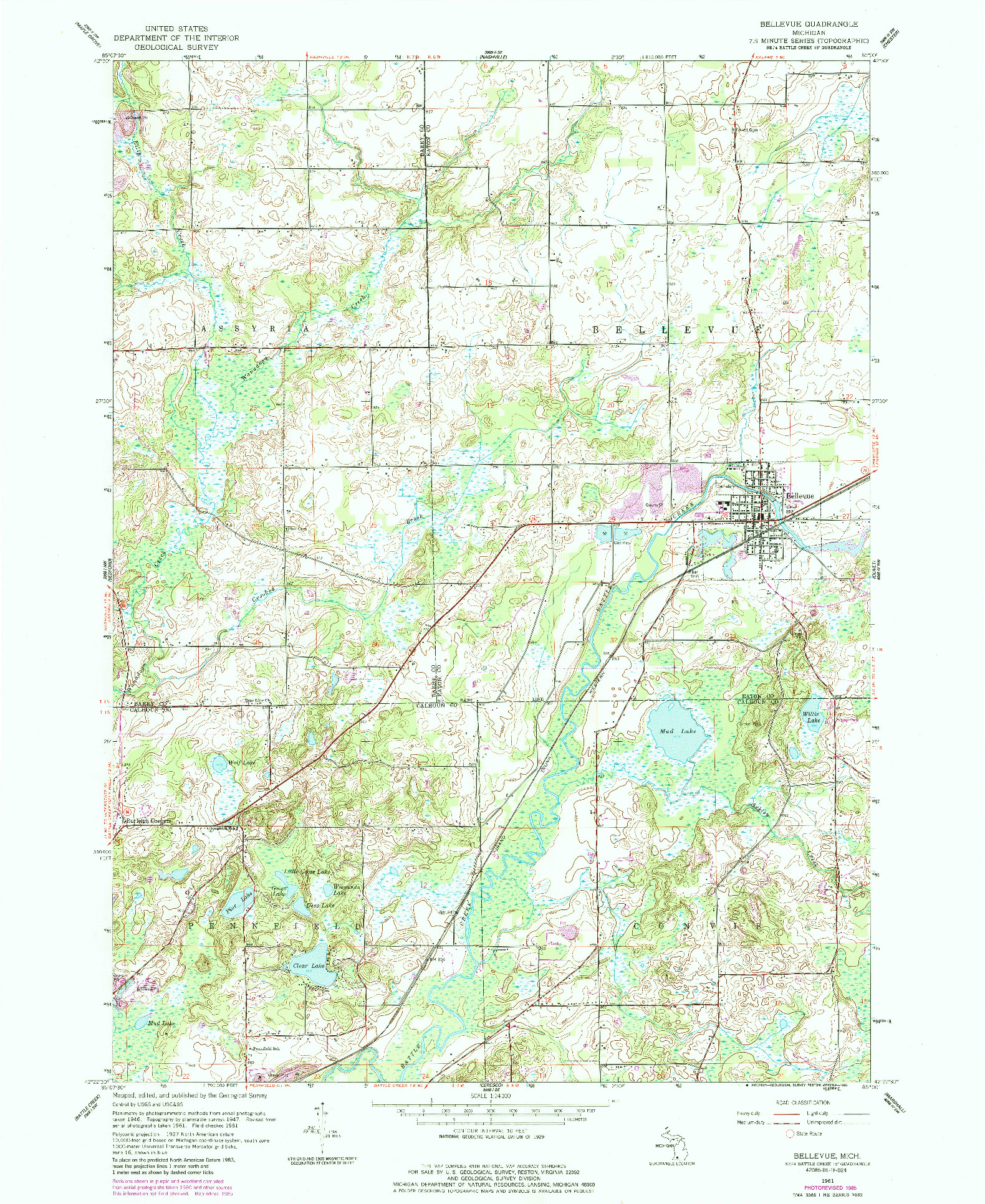 USGS 1:24000-SCALE QUADRANGLE FOR BELLEVUE, MI 1961