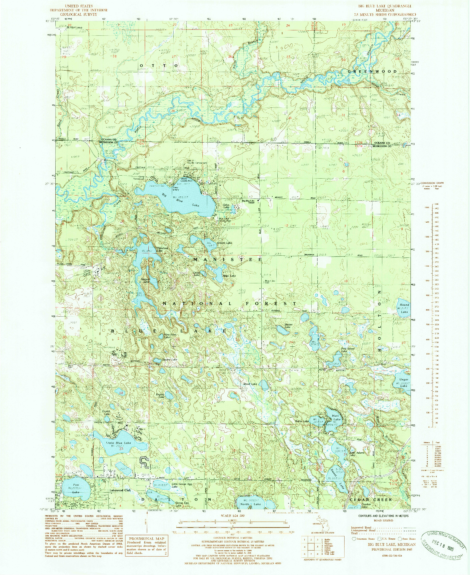 USGS 1:24000-SCALE QUADRANGLE FOR BIG BLUE LAKE, MI 1985