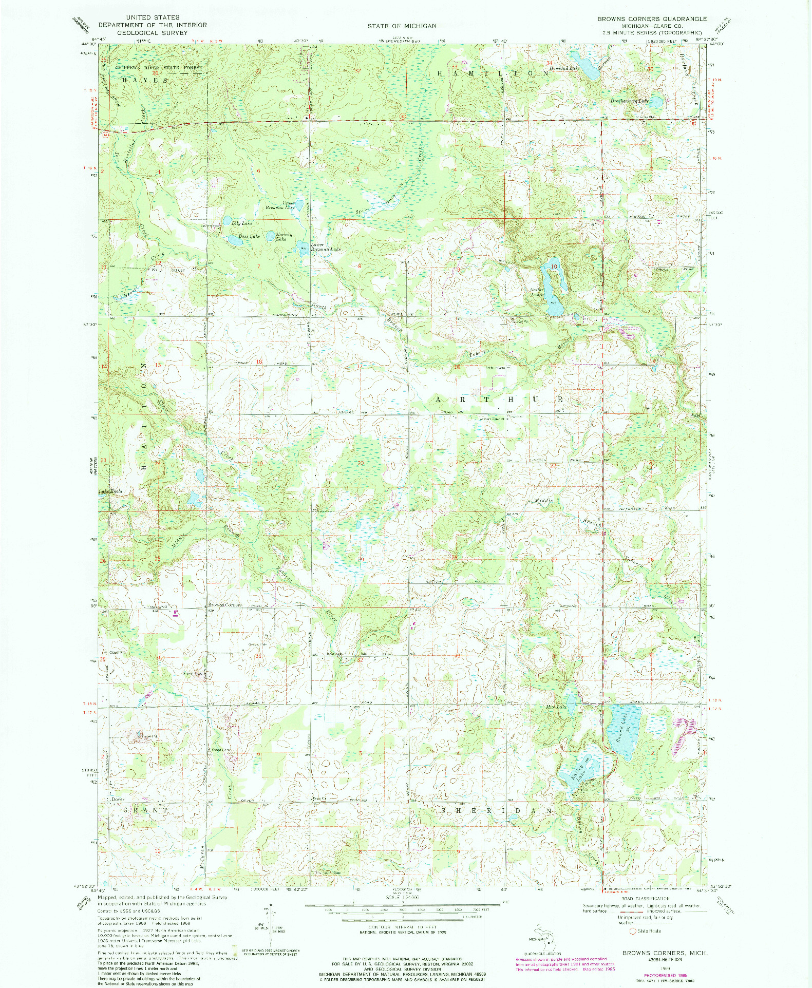 USGS 1:24000-SCALE QUADRANGLE FOR BROWNS CORNERS, MI 1969