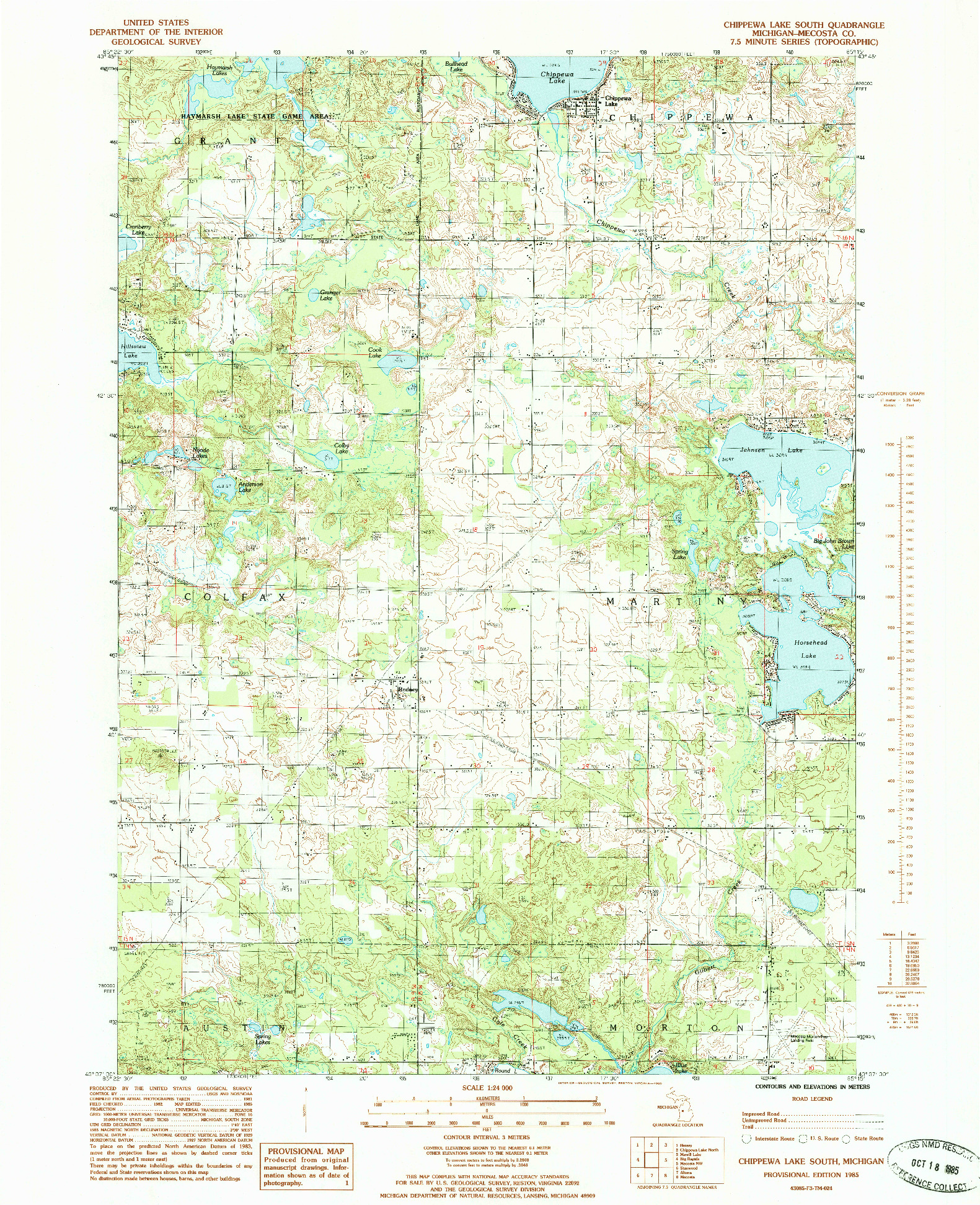 USGS 1:24000-SCALE QUADRANGLE FOR CHIPPEWA LAKE SOUTH, MI 1985