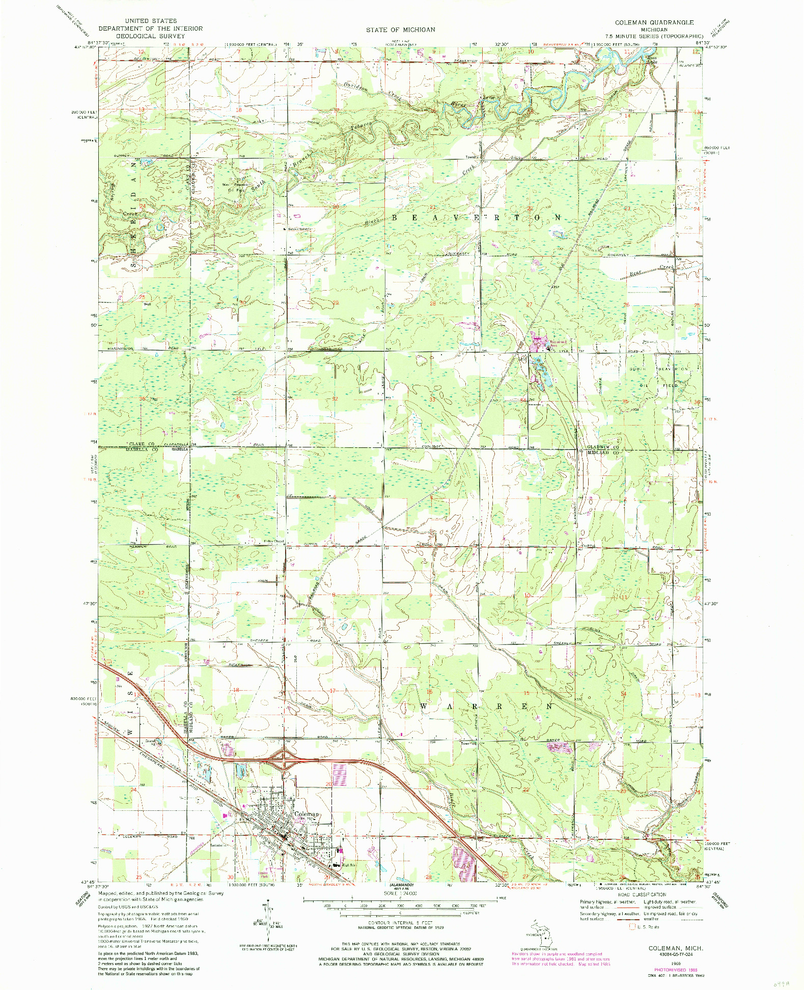 USGS 1:24000-SCALE QUADRANGLE FOR COLEMAN, MI 1969