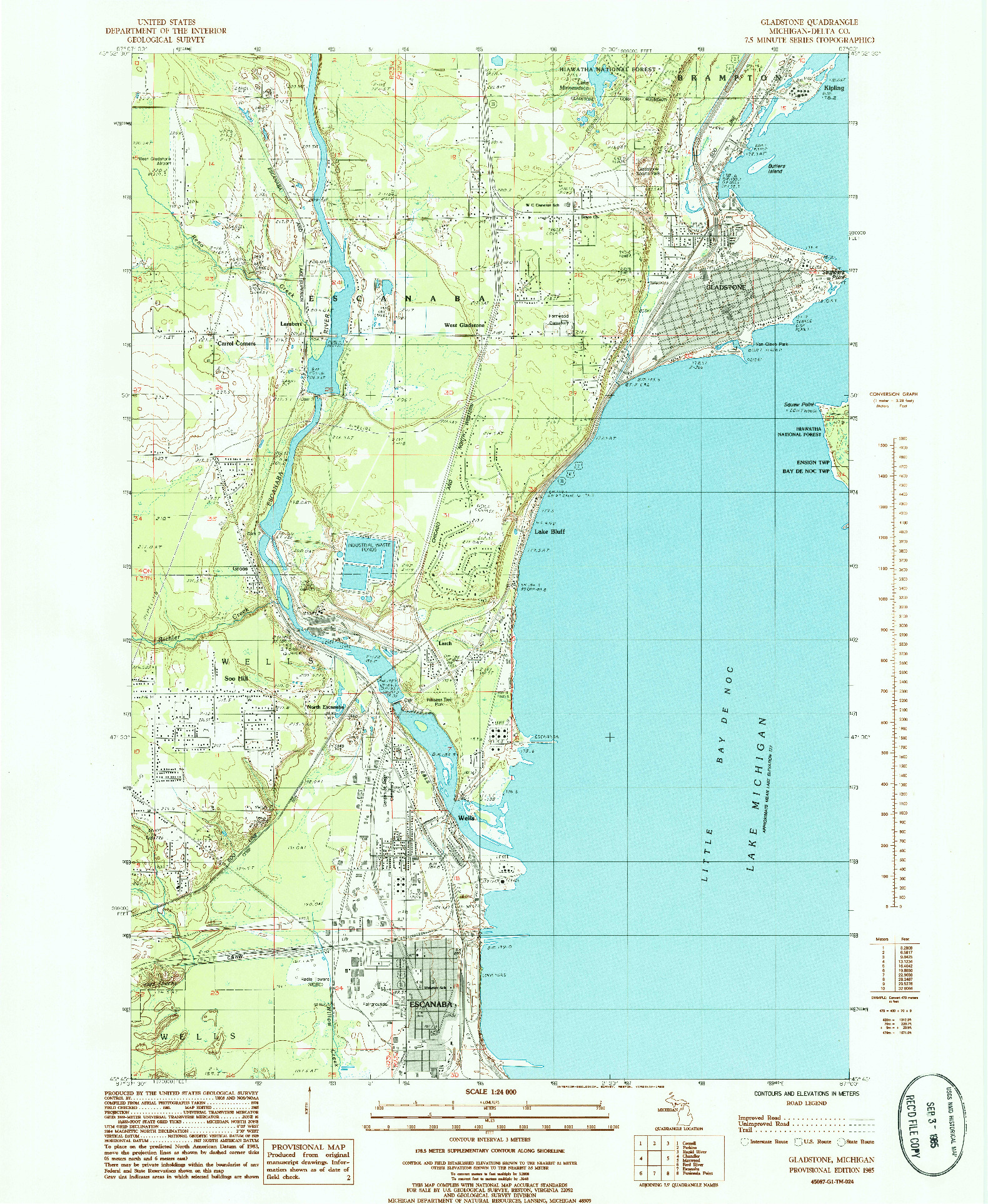 USGS 1:24000-SCALE QUADRANGLE FOR GLADSTONE, MI 1985