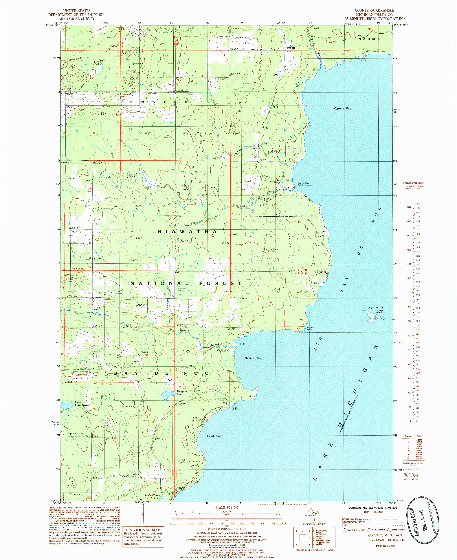 USGS 1:24000-SCALE QUADRANGLE FOR OGONTZ, MI 1985