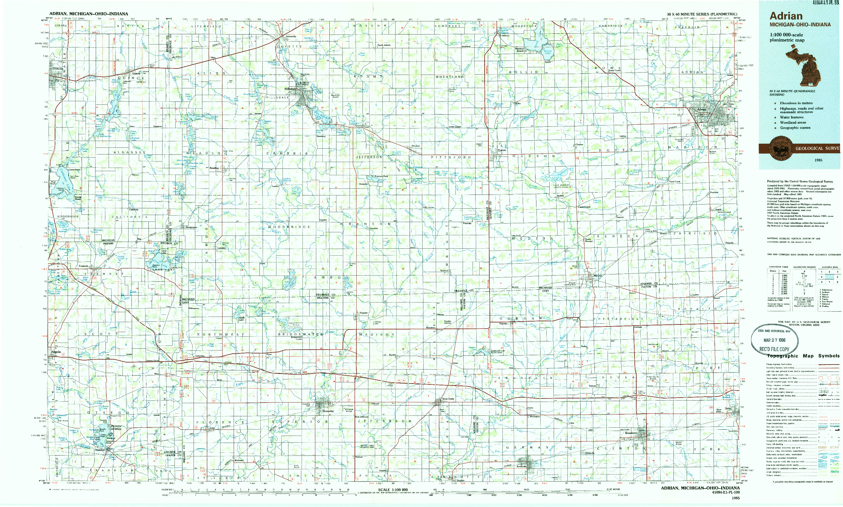 USGS 1:100000-SCALE QUADRANGLE FOR ADRIAN, MI 1985