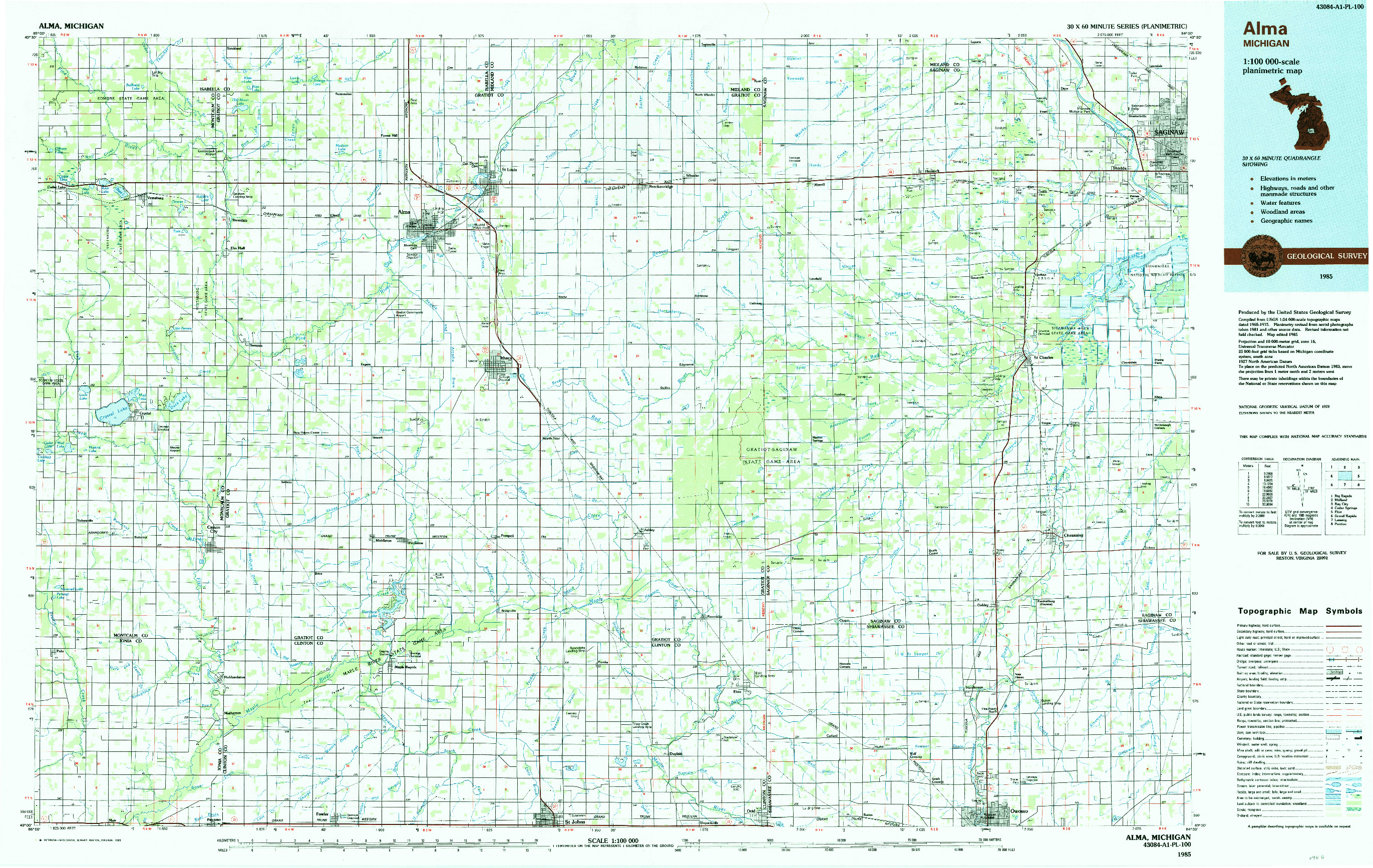 USGS 1:100000-SCALE QUADRANGLE FOR ALMA, MI 1985