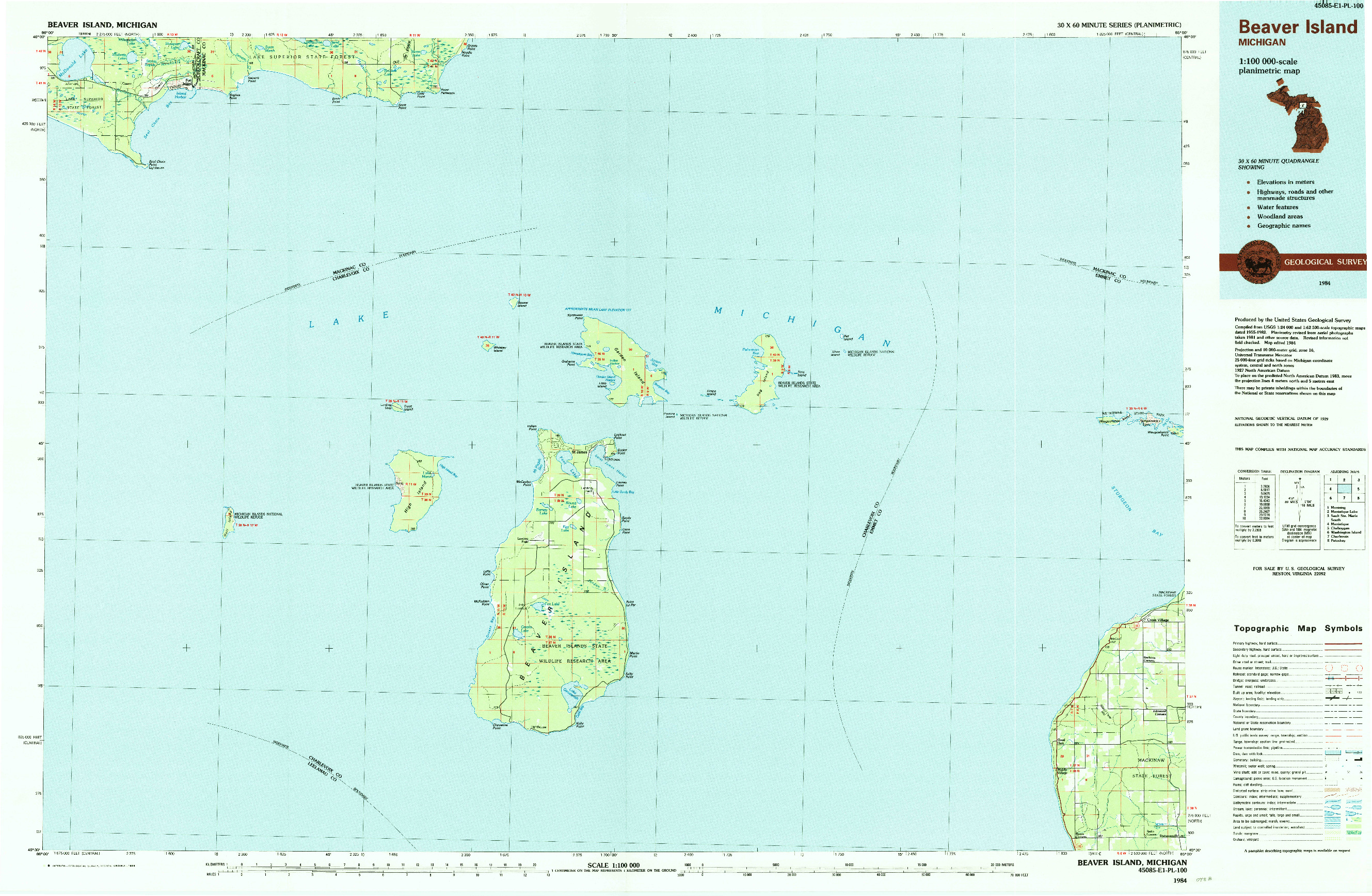 USGS 1:100000-SCALE QUADRANGLE FOR BEAVER ISLAND, MI 1984