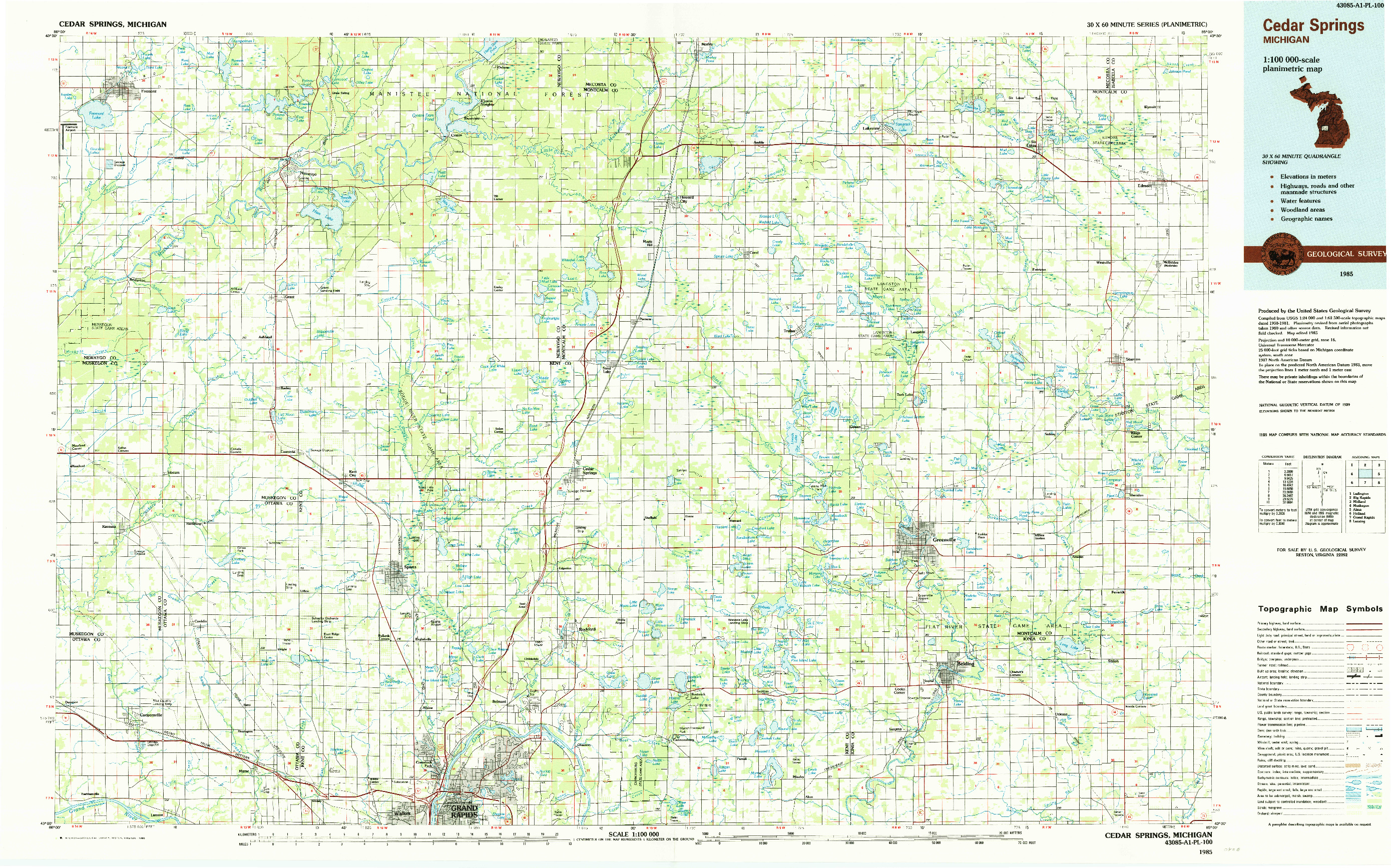 USGS 1:100000-SCALE QUADRANGLE FOR CEDAR SPRINGS, MI 1985