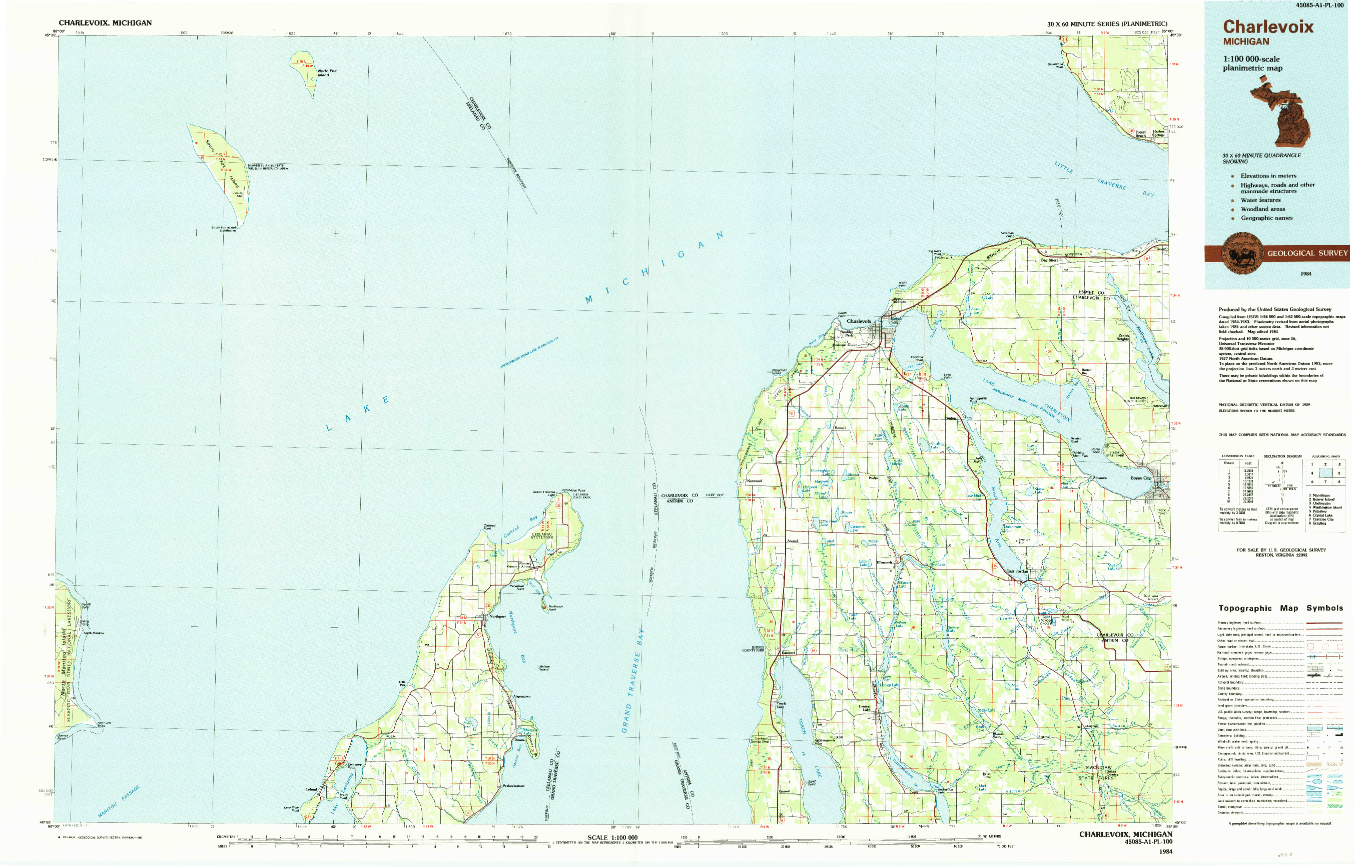 USGS 1:100000-SCALE QUADRANGLE FOR CHARLEVOIX, MI 1984