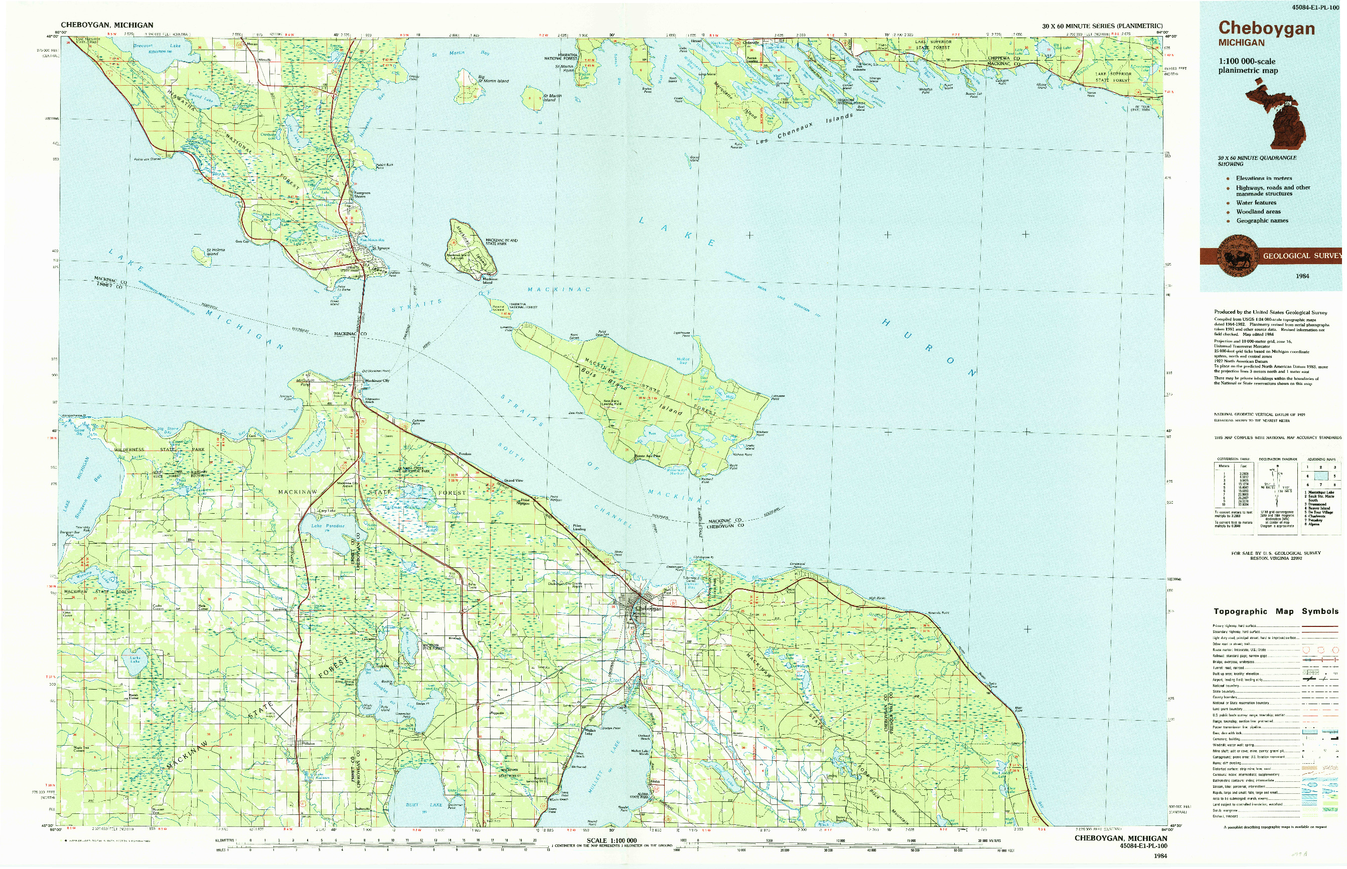 USGS 1:100000-SCALE QUADRANGLE FOR CHEBOYGAN, MI 1984