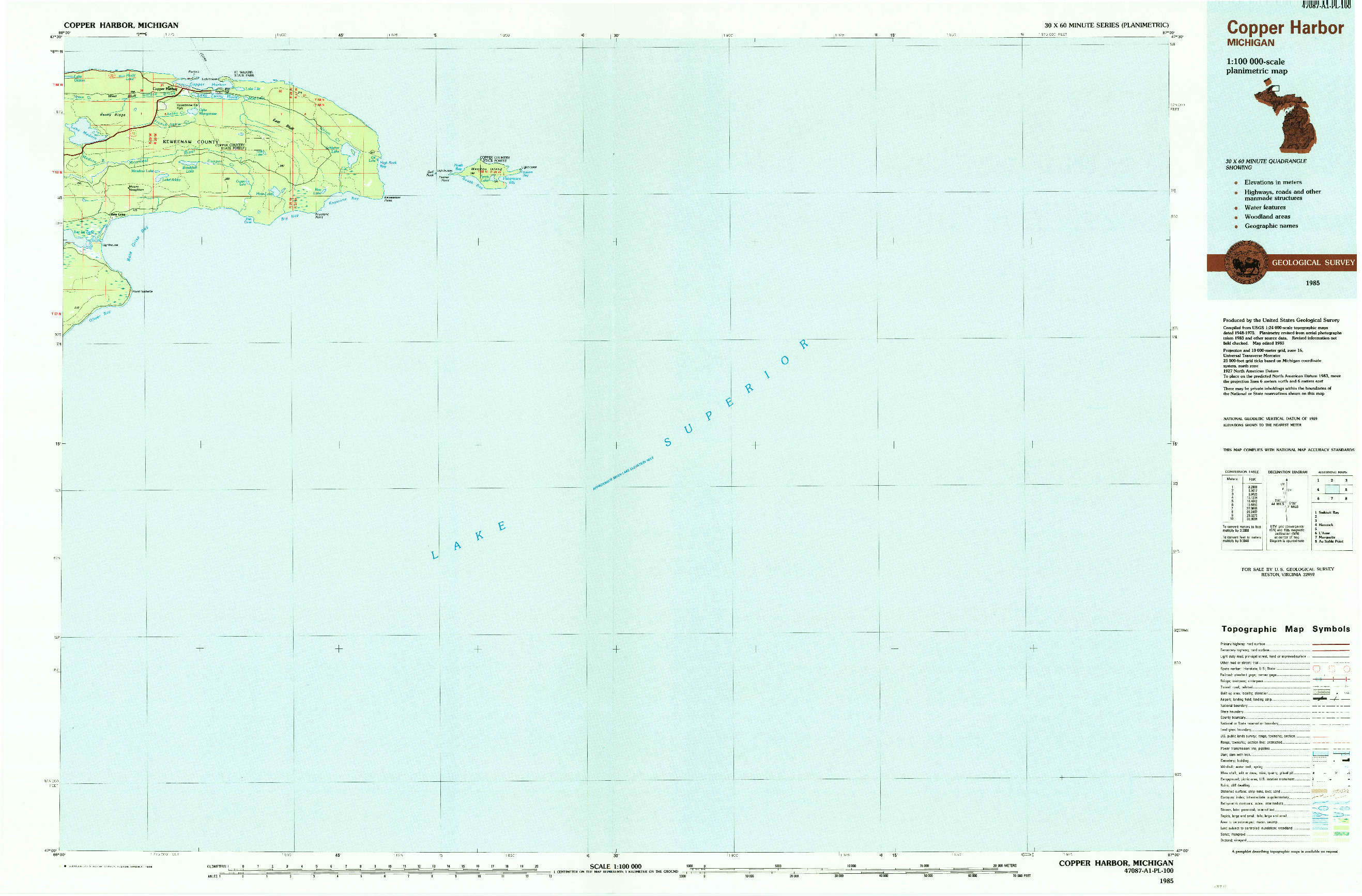 USGS 1:100000-SCALE QUADRANGLE FOR COPPER HARBOR, MI 1985