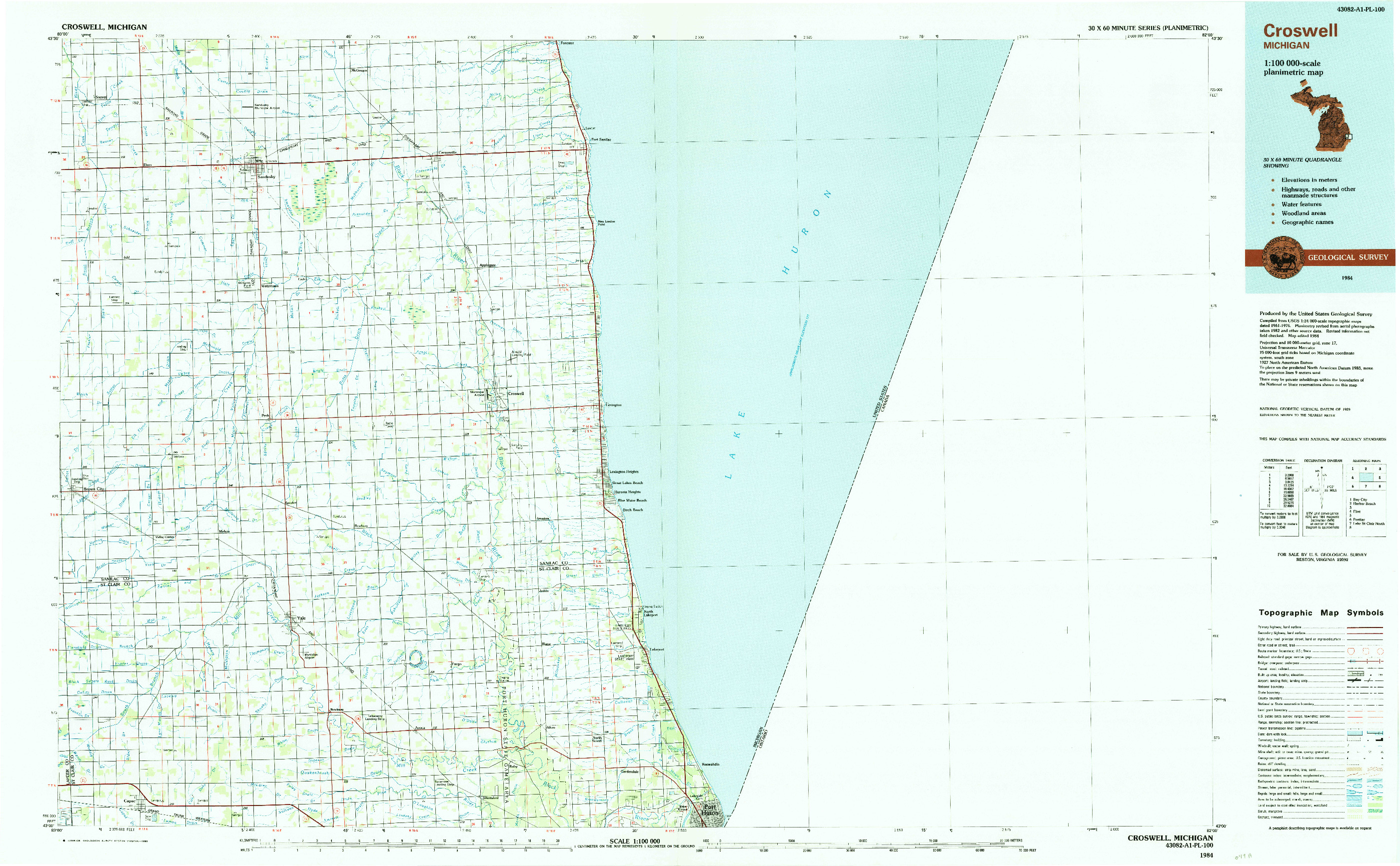 USGS 1:100000-SCALE QUADRANGLE FOR CROSWELL, MI 1984