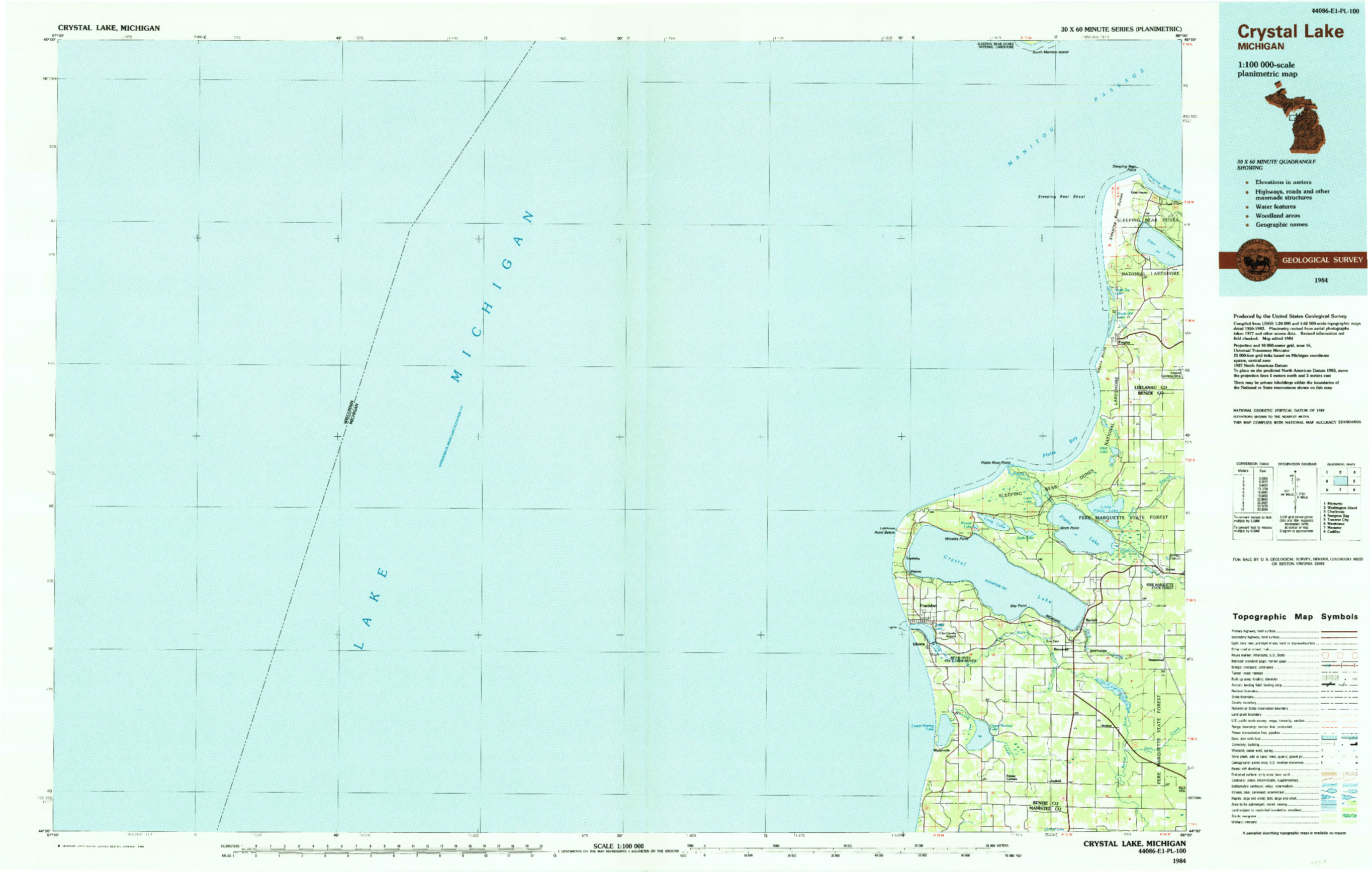 USGS 1:100000-SCALE QUADRANGLE FOR CRYSTAL LAKE, MI 1984