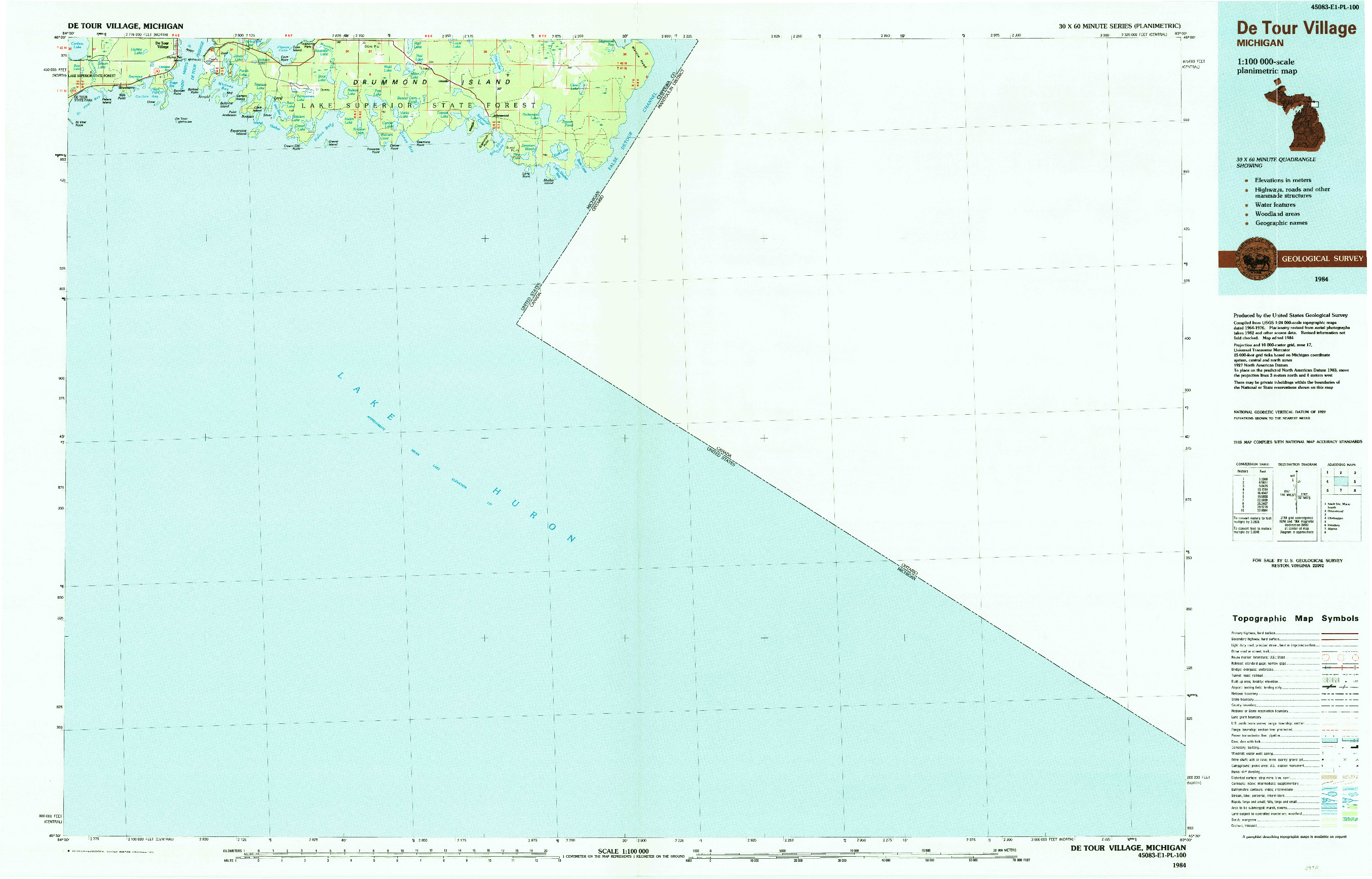 USGS 1:100000-SCALE QUADRANGLE FOR DE TOUR VILLAGE, MI 1984