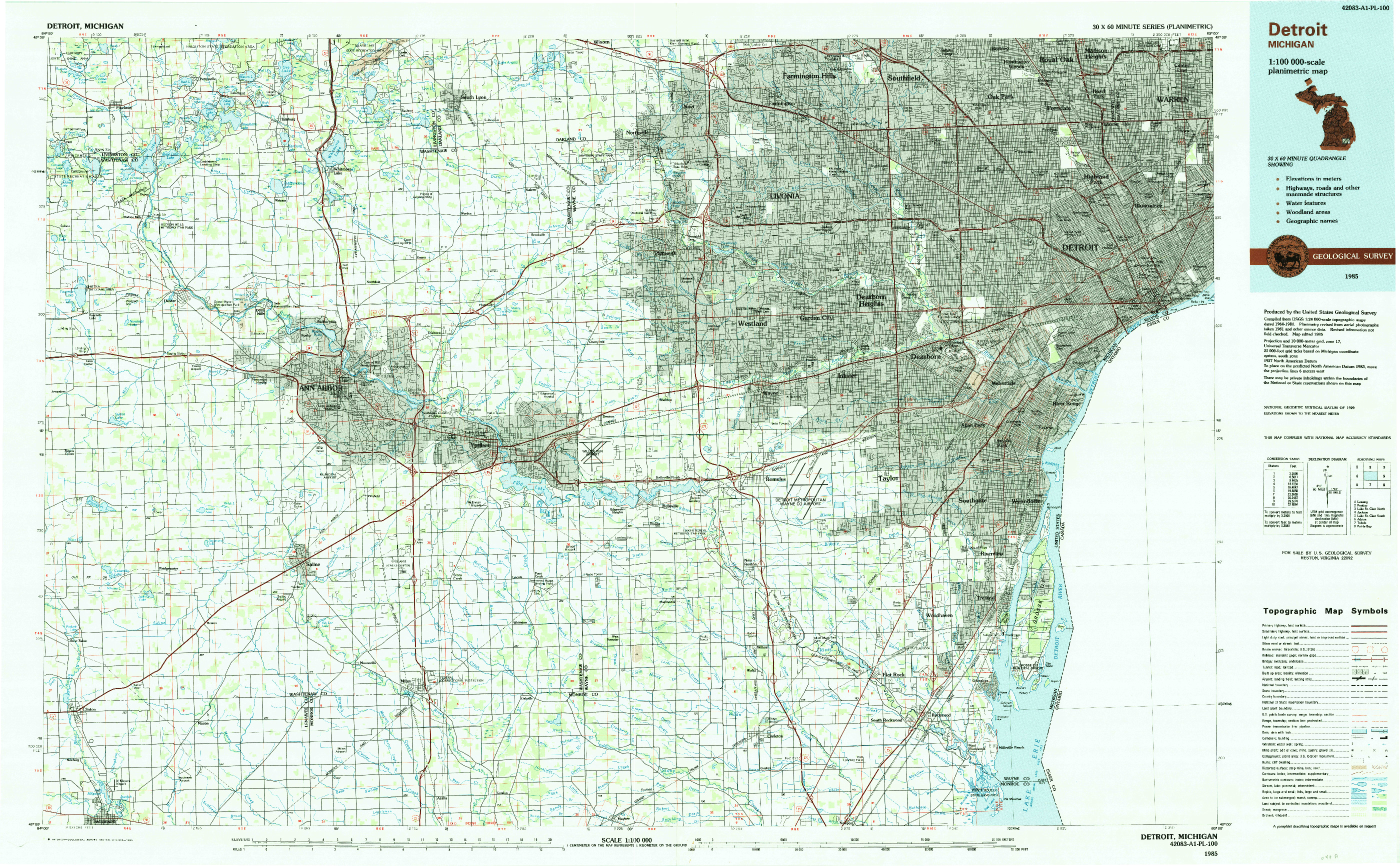 USGS 1:100000-SCALE QUADRANGLE FOR DETROIT, MI 1985