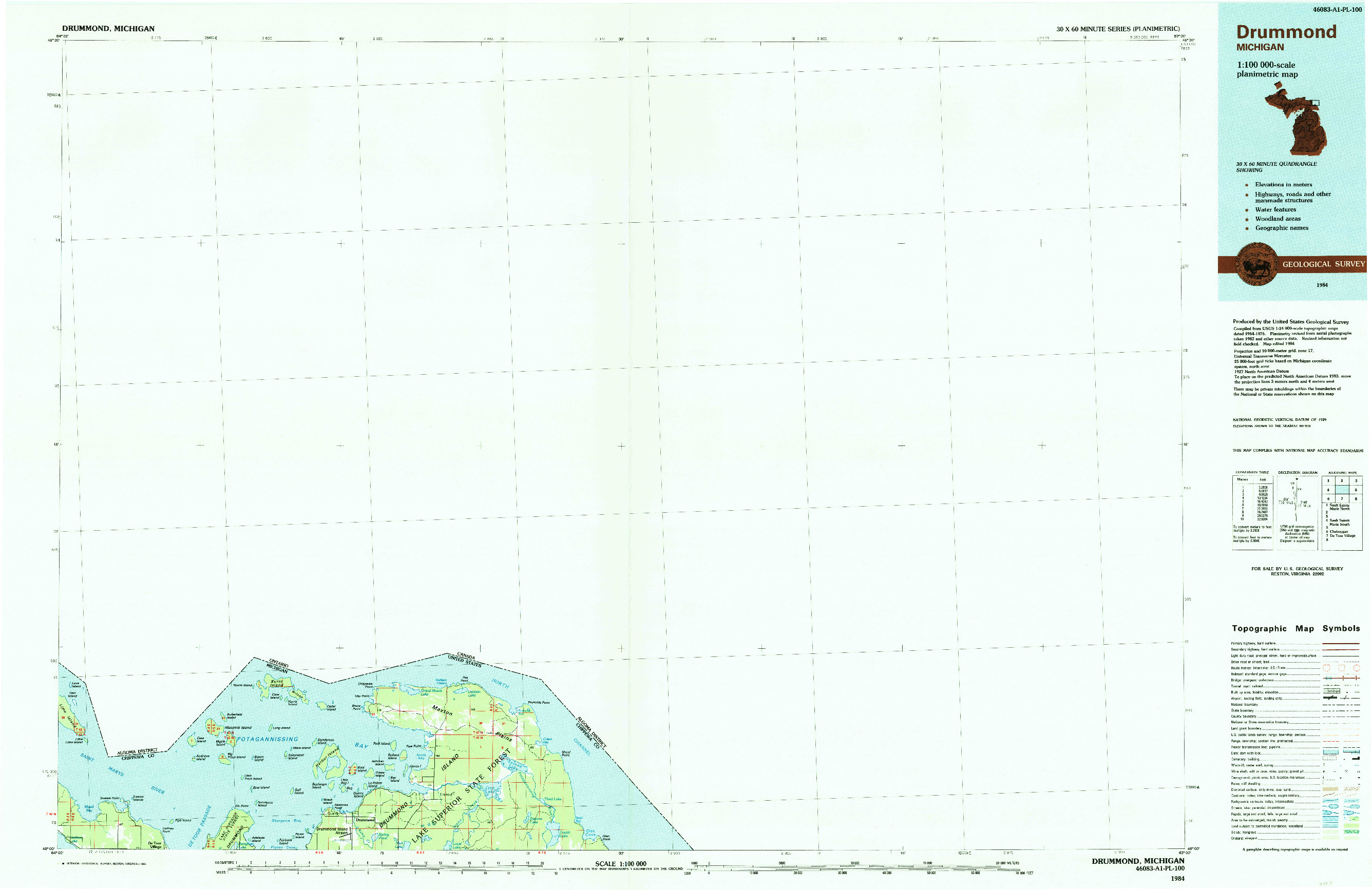 USGS 1:100000-SCALE QUADRANGLE FOR DRUMMOND, MI 1984