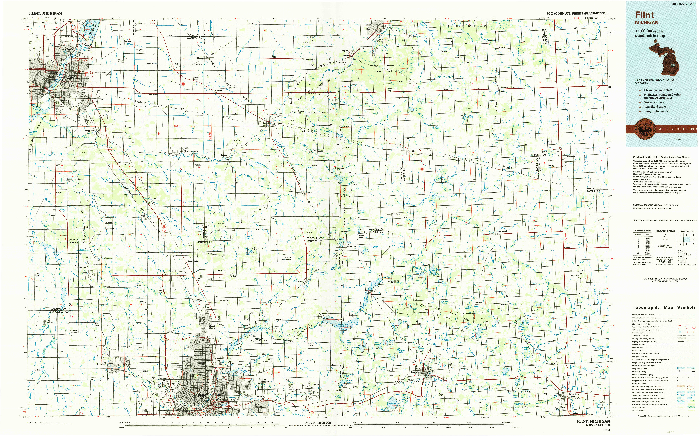 USGS 1:100000-SCALE QUADRANGLE FOR FLINT, MI 1984