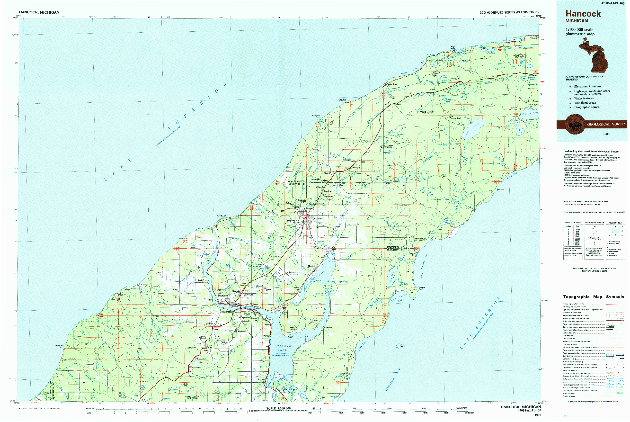 USGS 1:100000-SCALE QUADRANGLE FOR HANCOCK, MI 1985