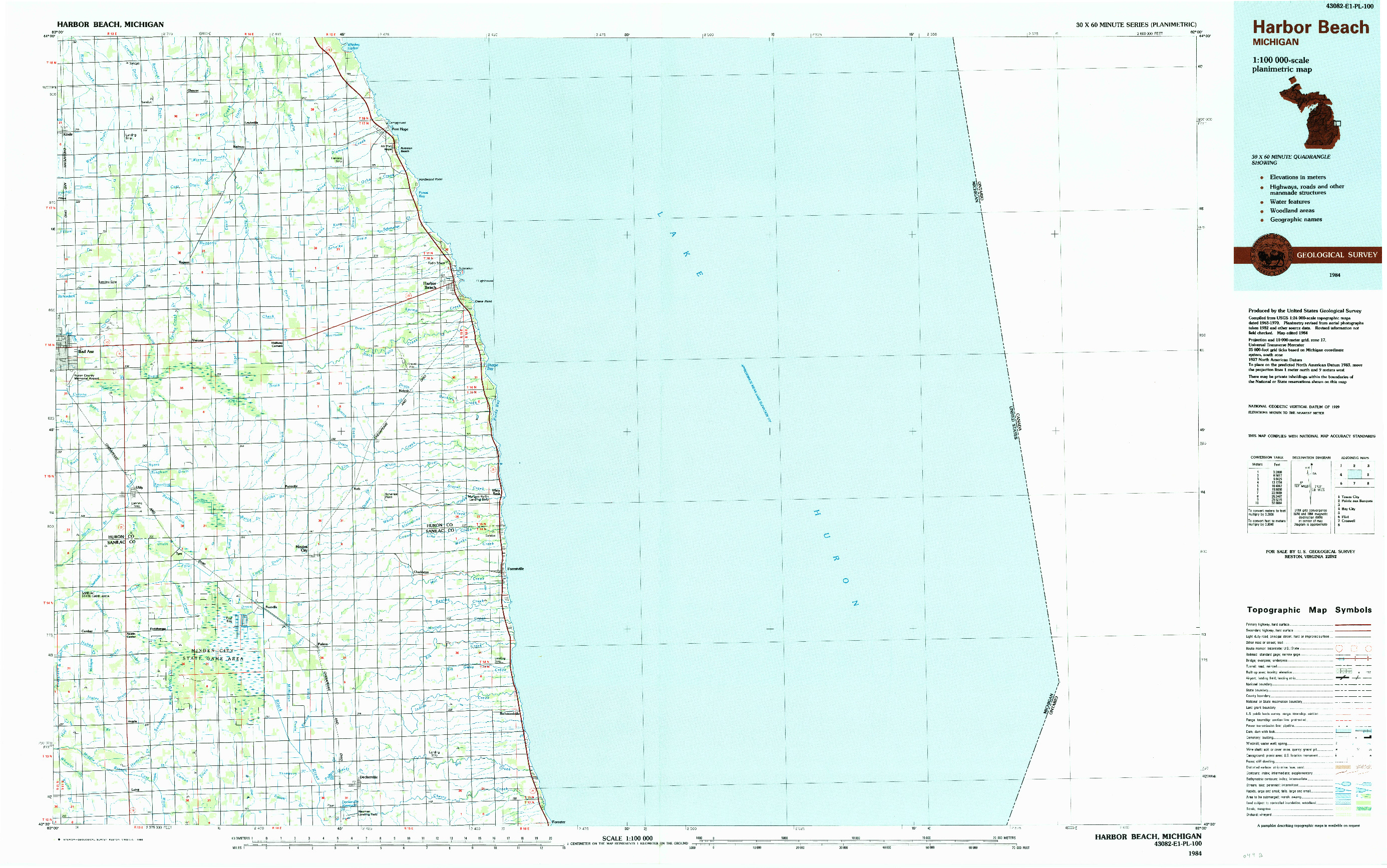 USGS 1:100000-SCALE QUADRANGLE FOR HARBOR BEACH, MI 1984